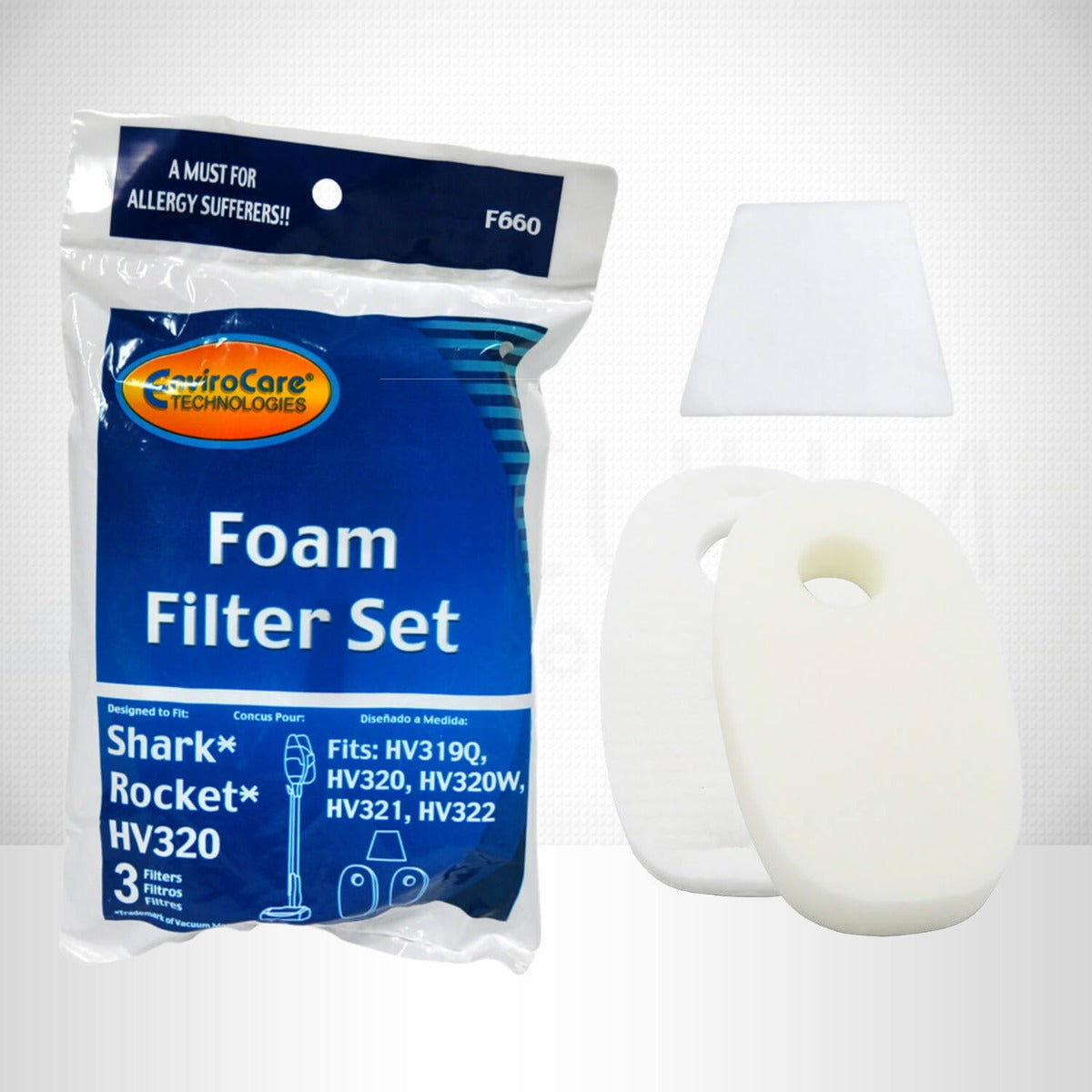 EnviroCare Shark Rocket HV320 Foam Filter Set (F660) - Replacement Filters for Shark Vacuum Cleaners - Perfect for Pet Hair, Allergies & Deep Cleaning