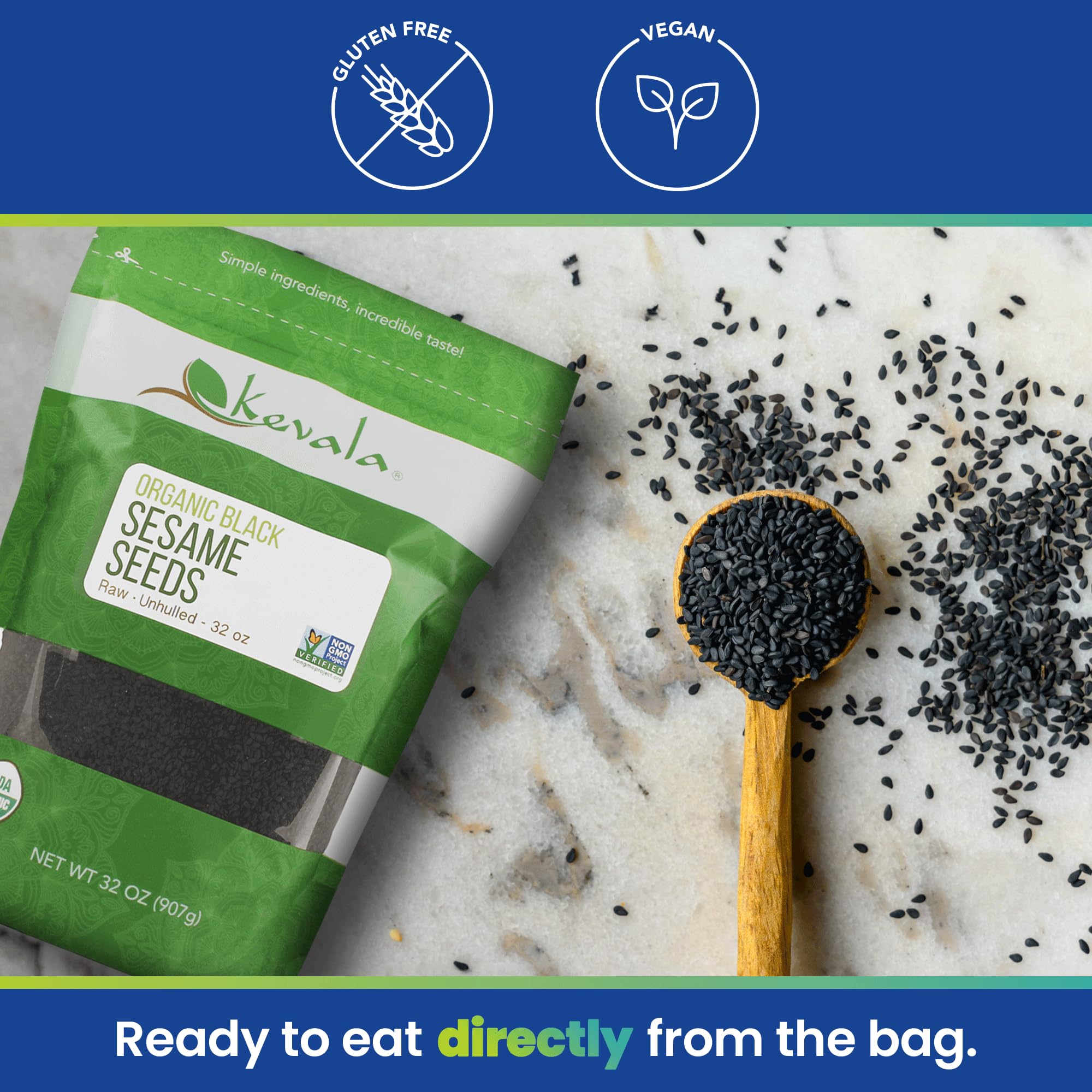 Kevala Organic Raw Black Sesame Seeds – Unhulled, Gluten Free, Kosher, Non-GMO, Vegan, USDA Certified (32 oz / 2 lb Bag) – Perfect for Baking, Smoothies, Asian Cuisine & Healthy Snacks