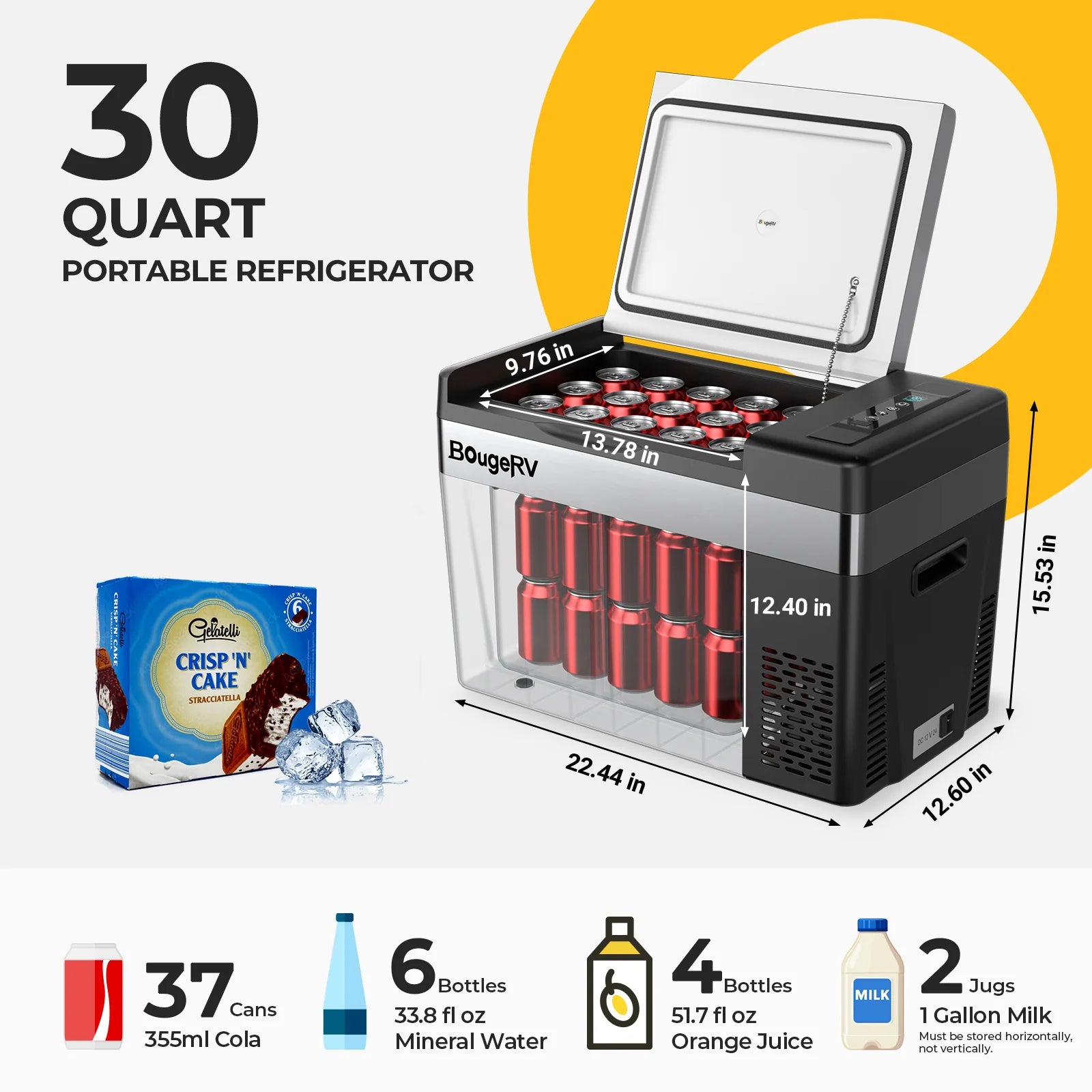 BougeRV 12V 30 Quart (28L) Portable Car Refrigerator - Compact Freezer for Road Trips, Camping & Outdoor Adventures - Black