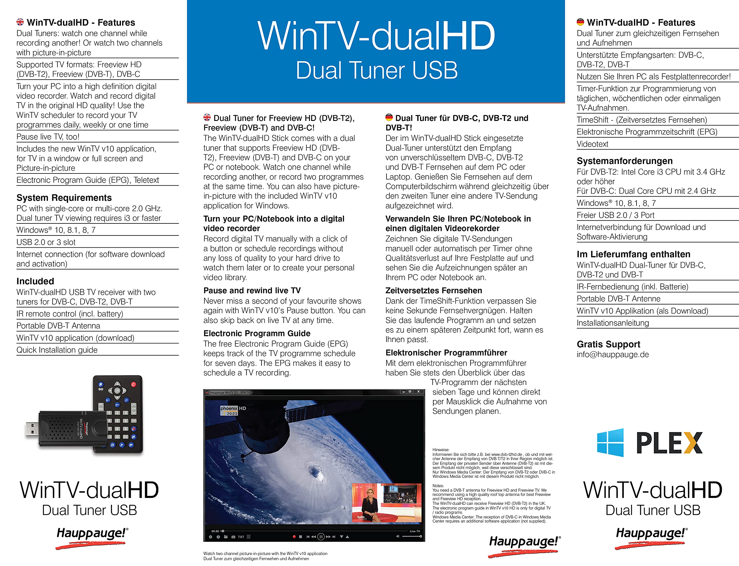 Hauppauge WinTV-dualHD USB TV Tuner Stick - Dual DVB-C/T2/T Support with FB for Live TV Streaming & Recording on PC/Laptop - Perfect for Home Entertainment, Gaming & Digital TV Enthusiasts