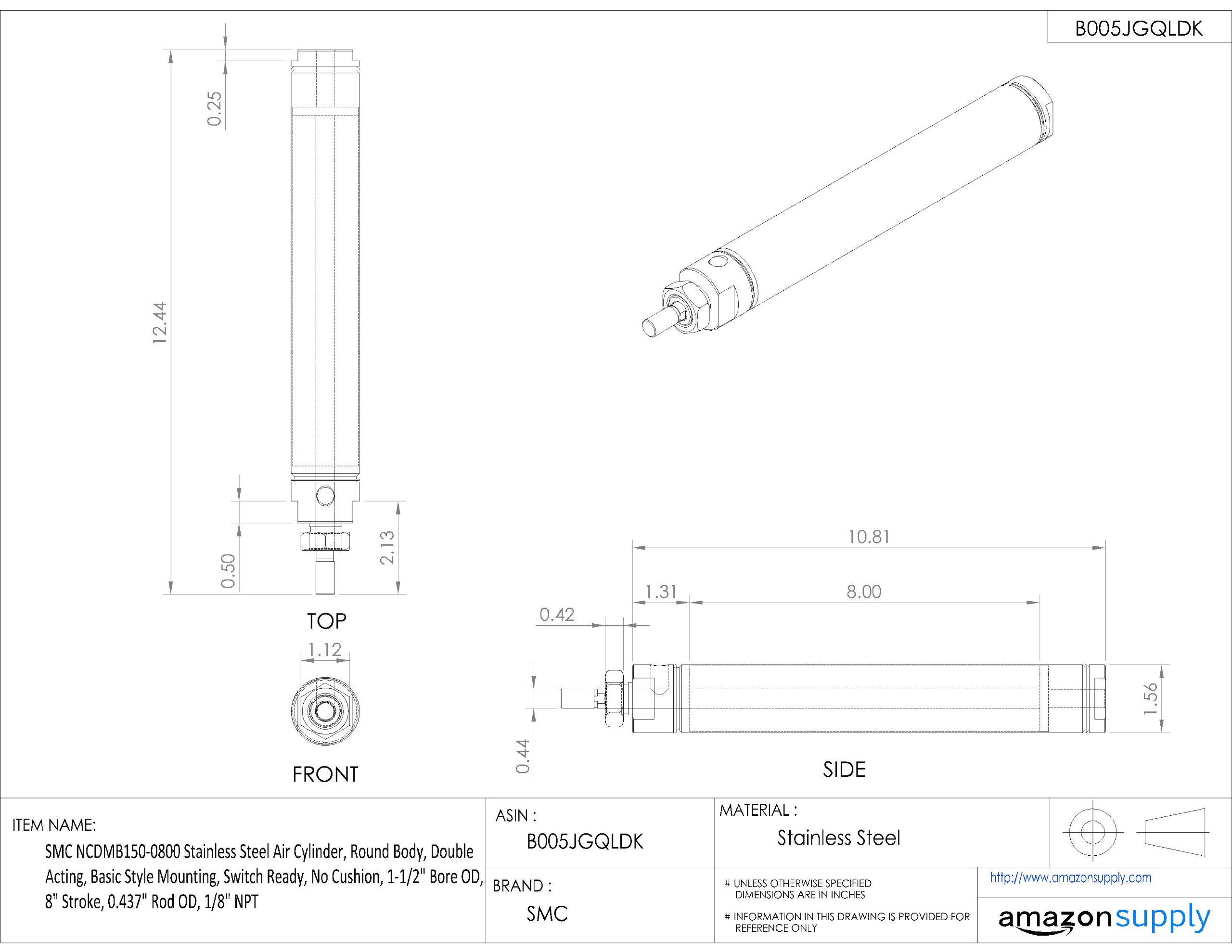 SMC NCDMB150-0300 Stainless Steel Air Cylinder - Double Acting, Round Body, 1-1/2
