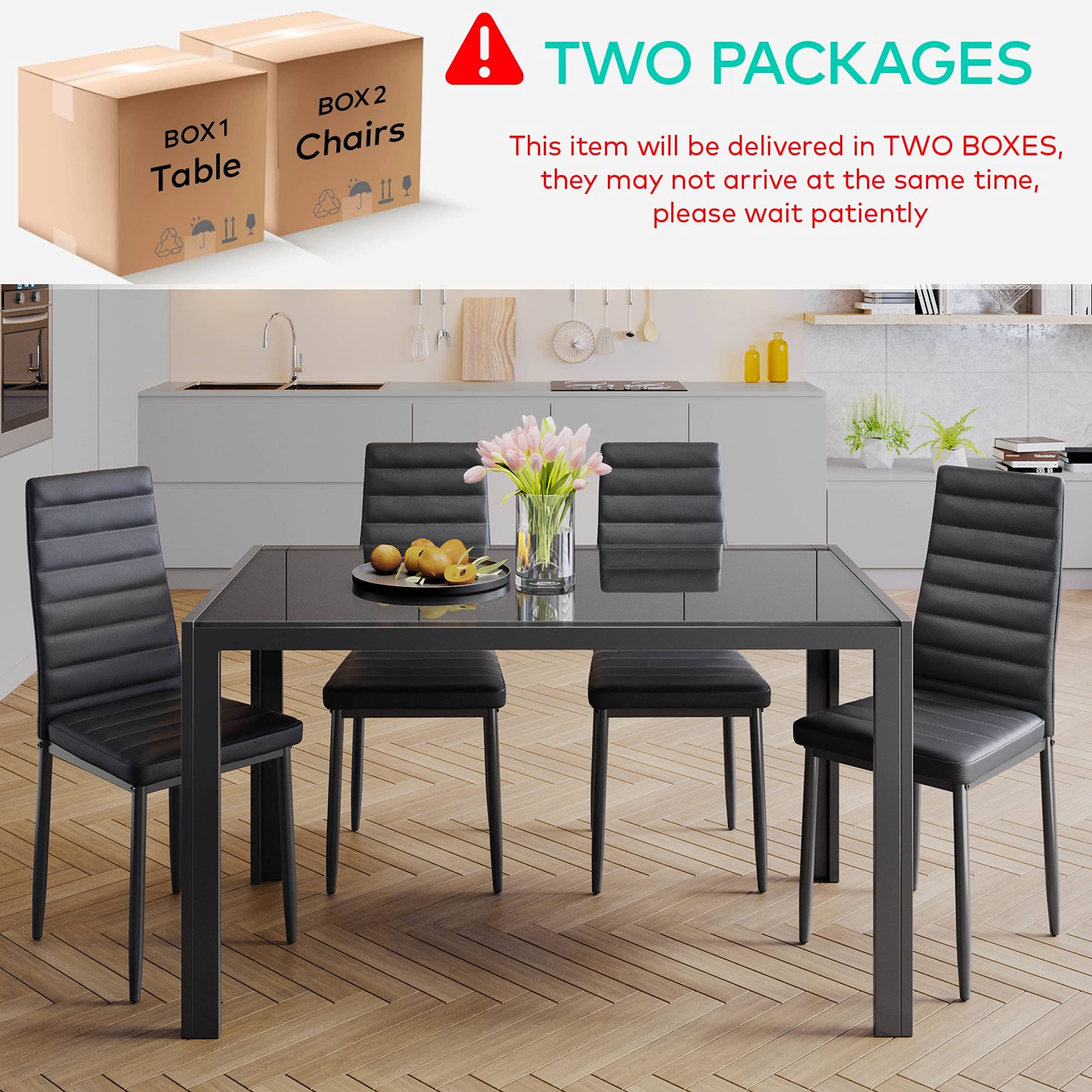 Gizoon 5-Piece Modern Glass Dining Table Set with PU Leather Chairs for 4, Perfect for Home, Kitchen, and Living Room Spaces | Ideal for Small Apartments and Family Gatherings