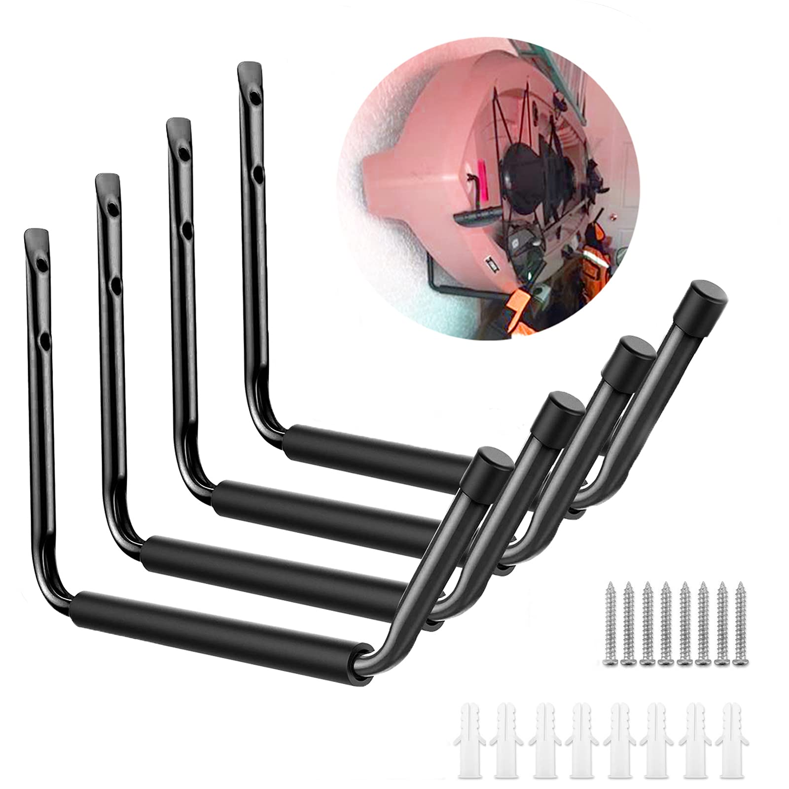 Heavy Duty Wall Mounted Kayak Storage Hooks - 4 Pack Black Kayak Hangers for Garage, Canoe, Surfboard, Ladder, Bicycle & Chair Storage - Space Saving Utility Hooks for Outdoor Gear Organization & Garage Wall Storage Solutions