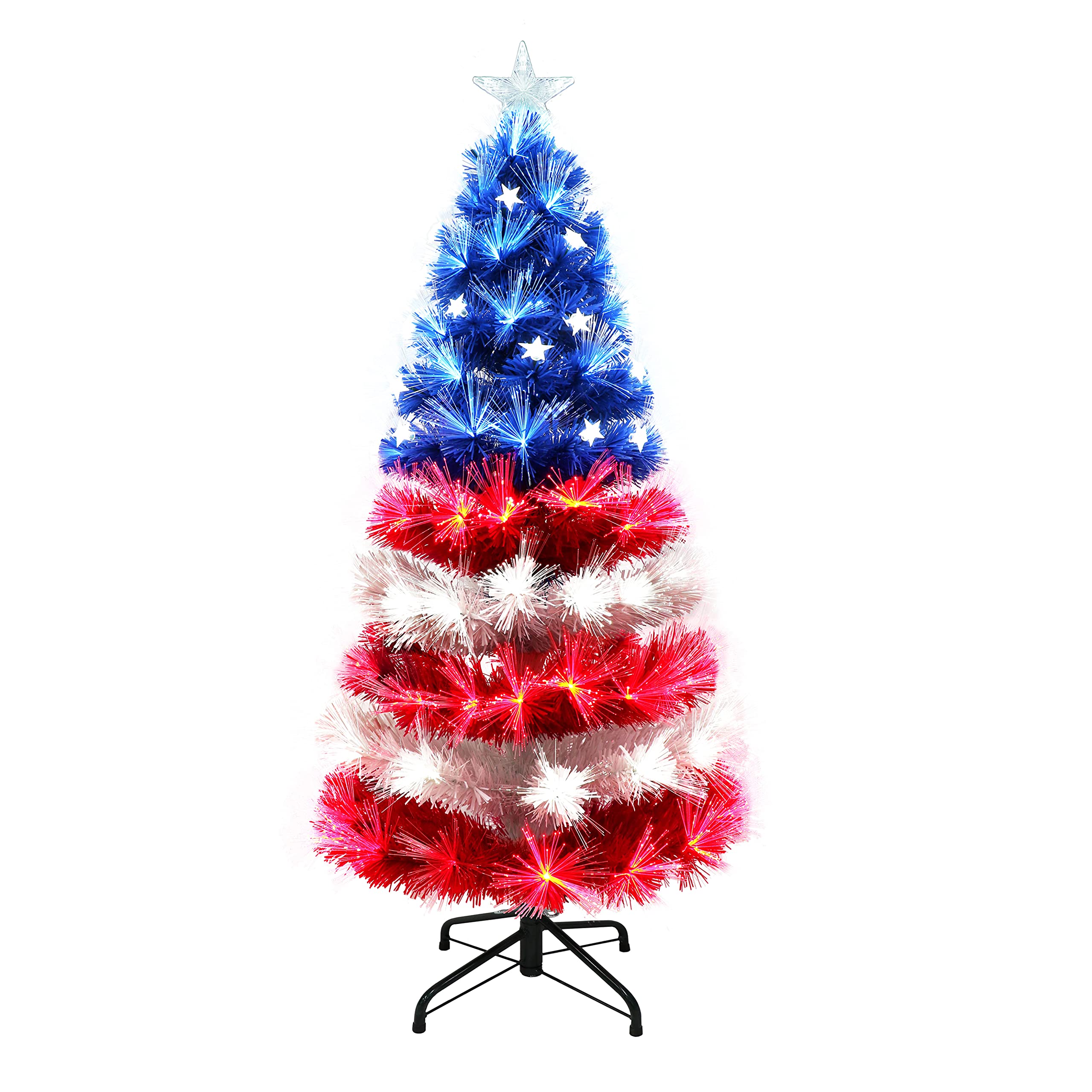 Puleo International 4ft Pre-Lit Fiber Optic Patriotic Christmas Tree - Red White Blue Decorations for Home, Office & Holiday Party Decor