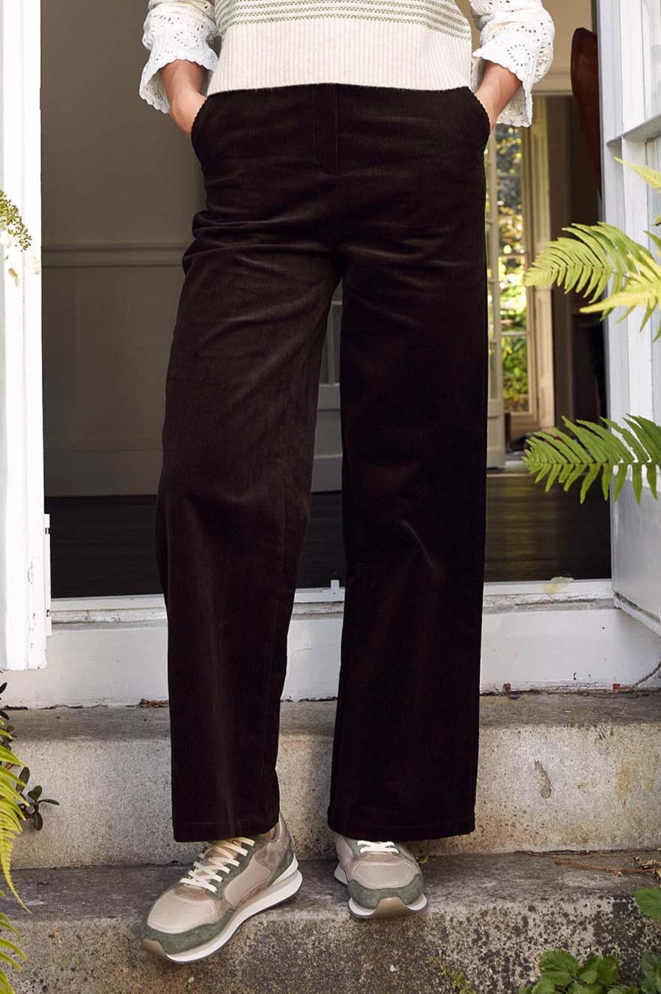 Brooke Stretch Corduroy Pants for Women - Comfortable High Waist Slim Fit Trousers in Chocolate Brown | Perfect for Office, Casual Wear & Fall Fashion
