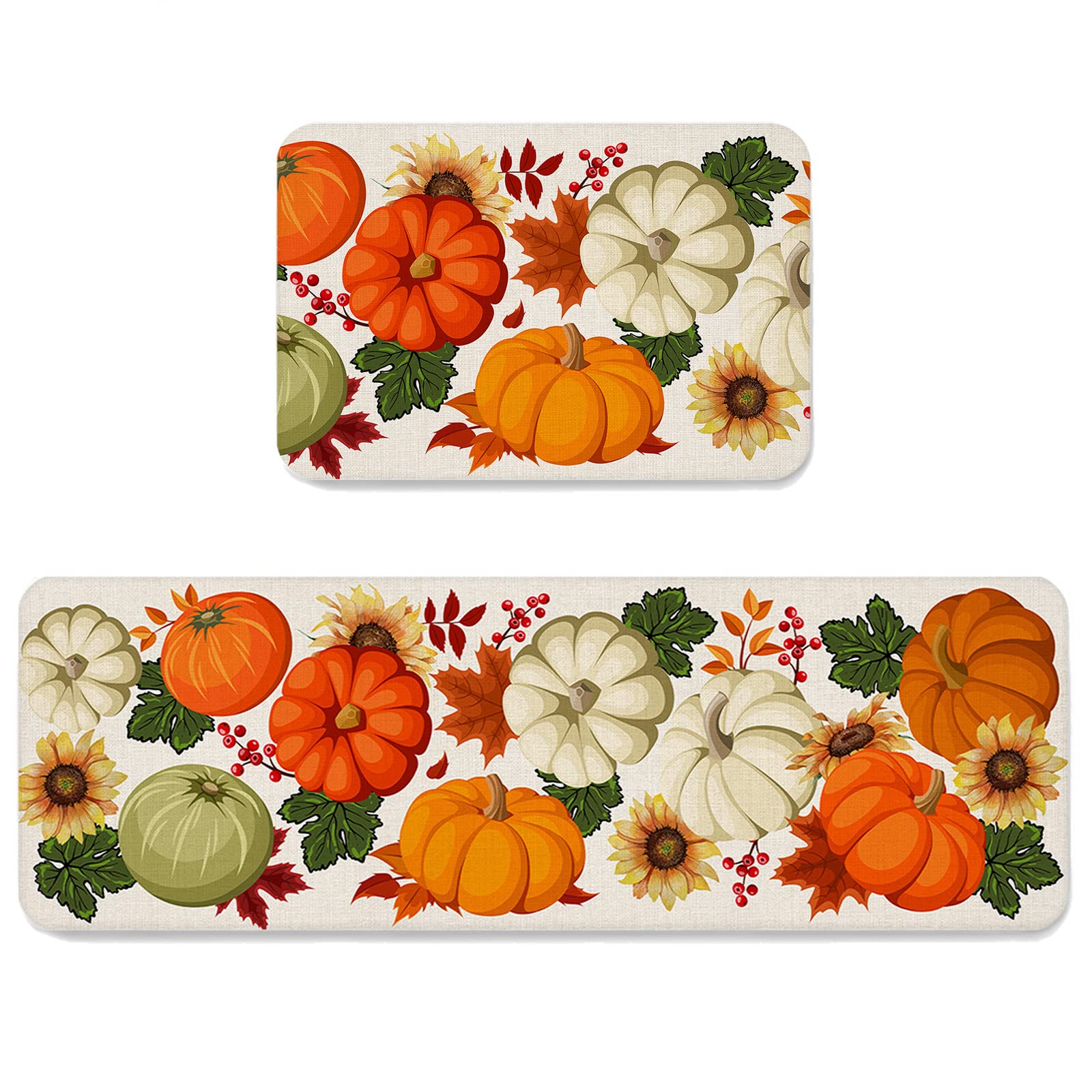 Thanksgiving Kitchen Mat Set of 2 - Non-Slip Fall Pumpkins Sunflower Maple Leaves Design, Absorbent Washable Floor Rugs for Kitchen & Bathroom - Perfect for Holiday Decor, Home Safety & Spill Protection