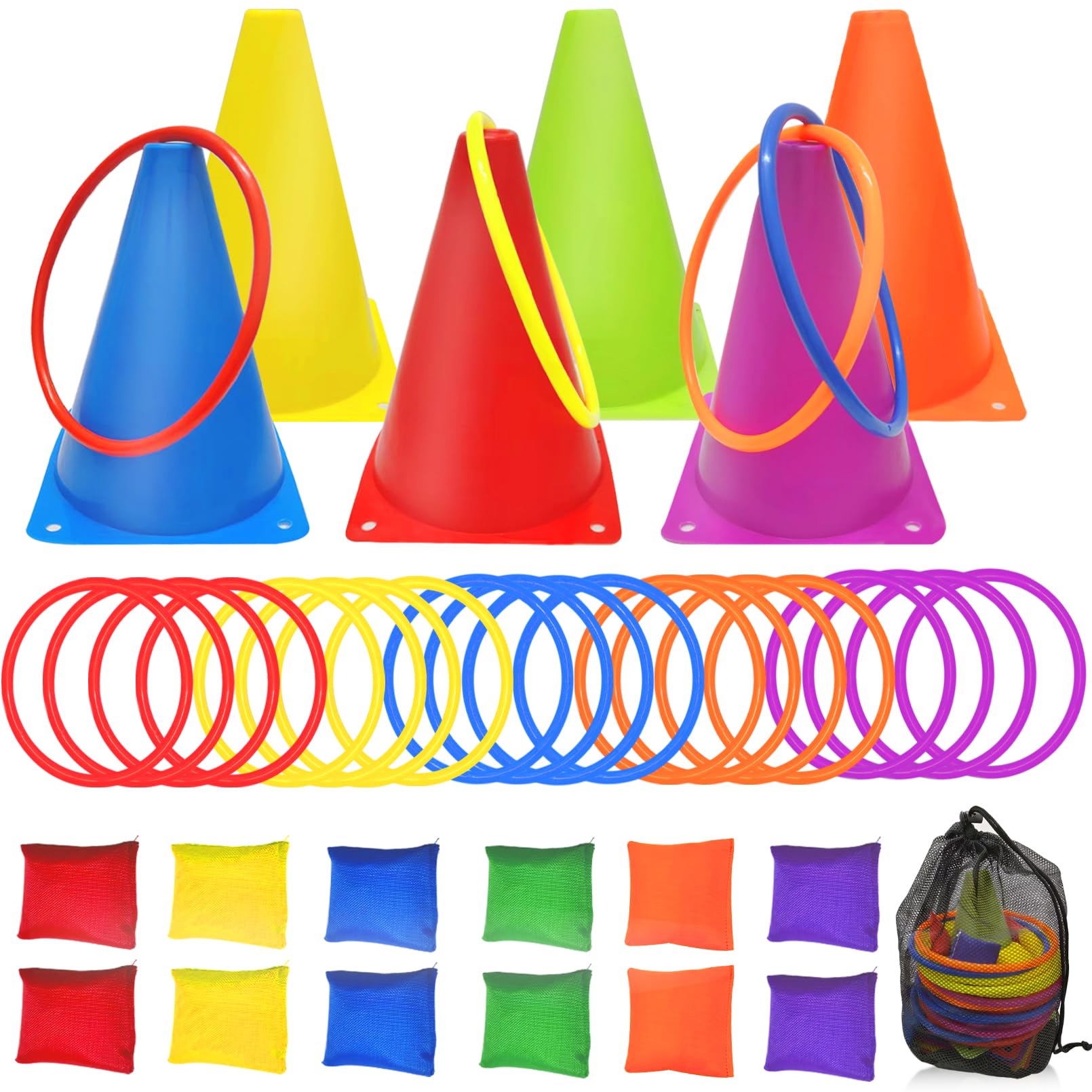 3 in 1 Carnival Games Set - 39PCS Soft Plastic Cones, Cornhole Bean Bags & Ring Toss Game for Kids & Adults - Perfect for Birthday Parties, Backyard, Lawn & Outdoor Family Fun Activities