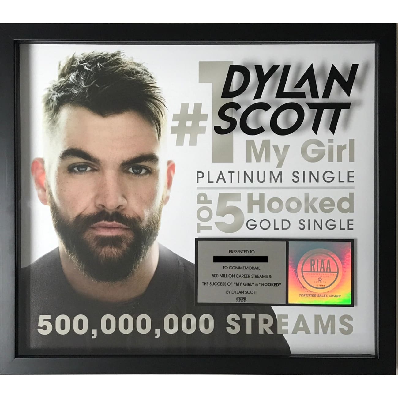 Dylan Scott My Girl & Hooked RIAA 500M Streams Digital Award - Perfect for Country Music Fans & Collectors
