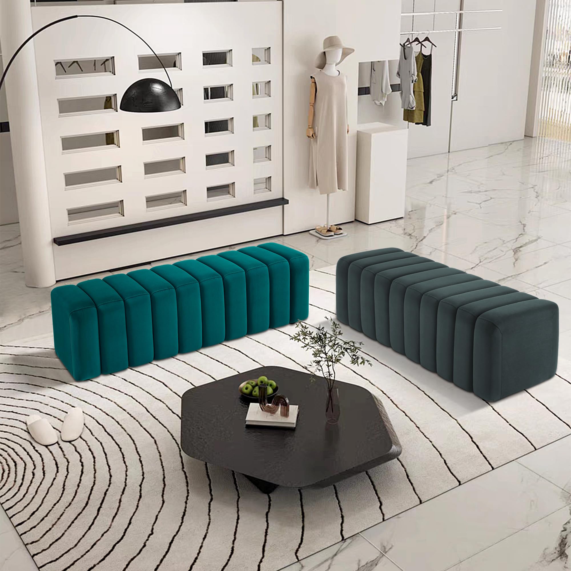 Premium Velvet Upholstered Waiting Room Bench - MCombo 4698 Guest Reception Lobby Chair for Salon, Bedroom Entryway Ottoman - Stylish Green Seating Solution for Commercial Spaces & Home Decor