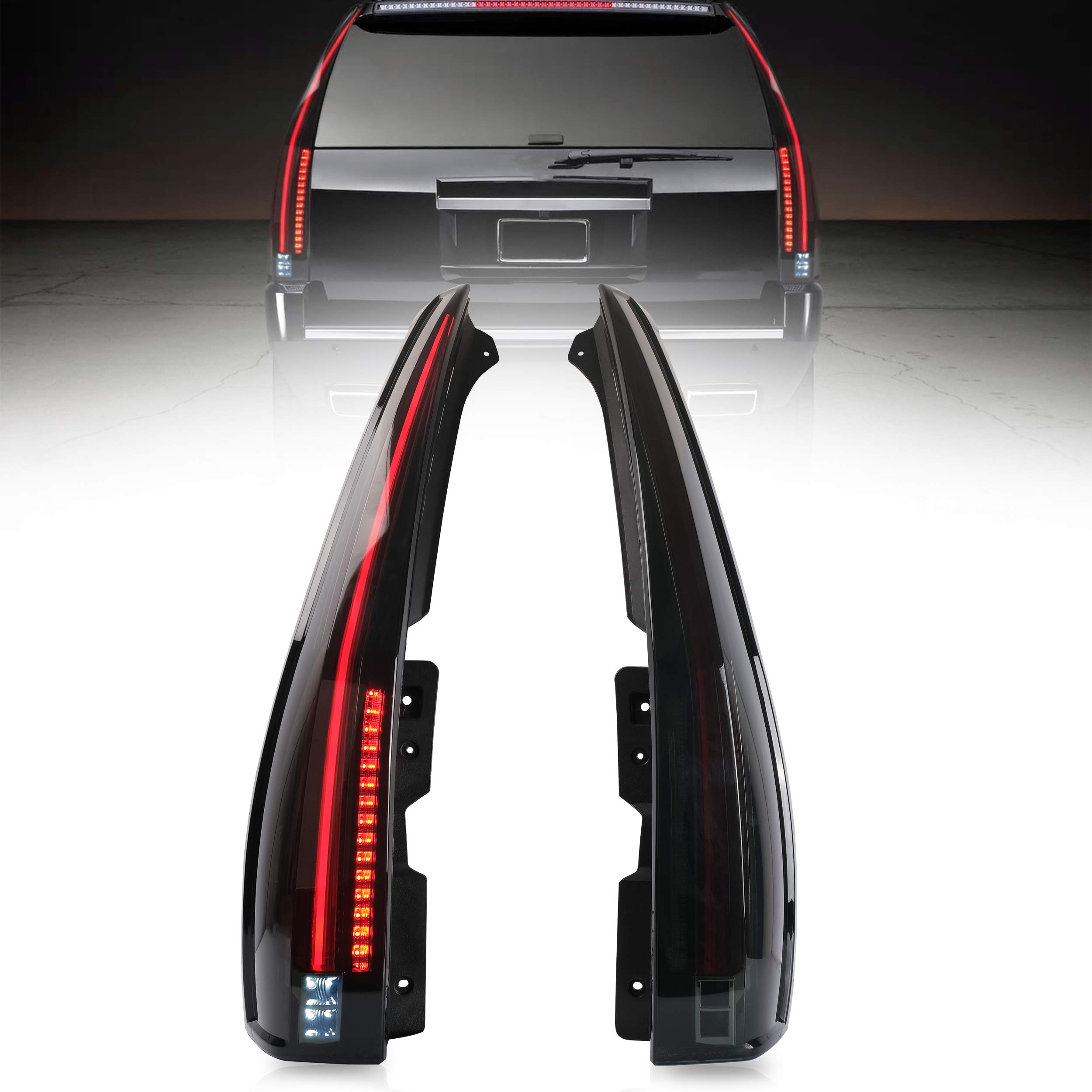 VLAND LED Tail Lights Assembly for 2007-2014 Cadillac Escalade & Escalade ESV - Smoked Lens, Red Turn Signal, 6 Hole 5 Pin Plug, Plug & Play (Not Compatible with GMC/Chevrolet) - Upgrade Your SUV's Style & Night Visibility