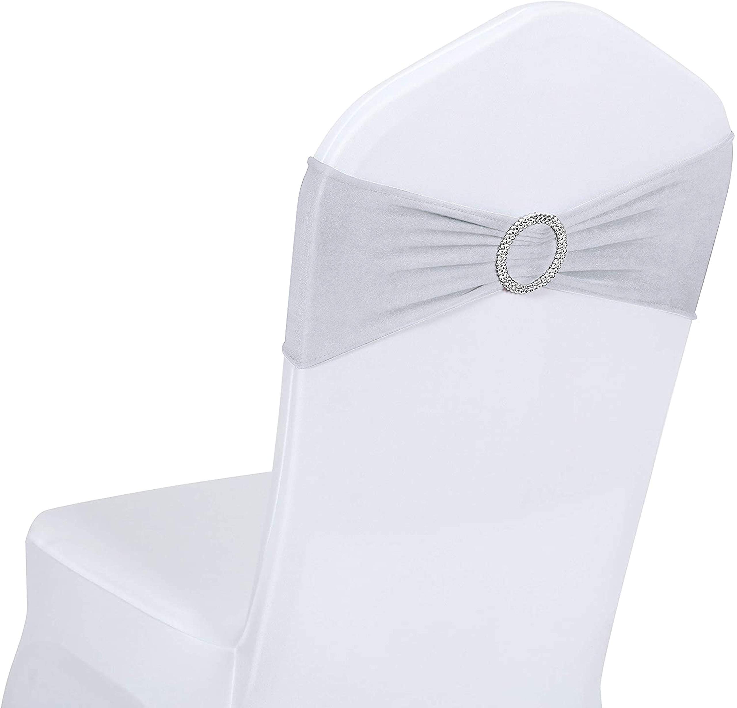 50 PCS Spandex Stretch Chair Sashes for Wedding Decor - Elastic Chair Cover Bands with Buckle Slider for Banquet, Party, Hotel Events - Silver Sashes for Elegant Table Setting & Reception Decorations