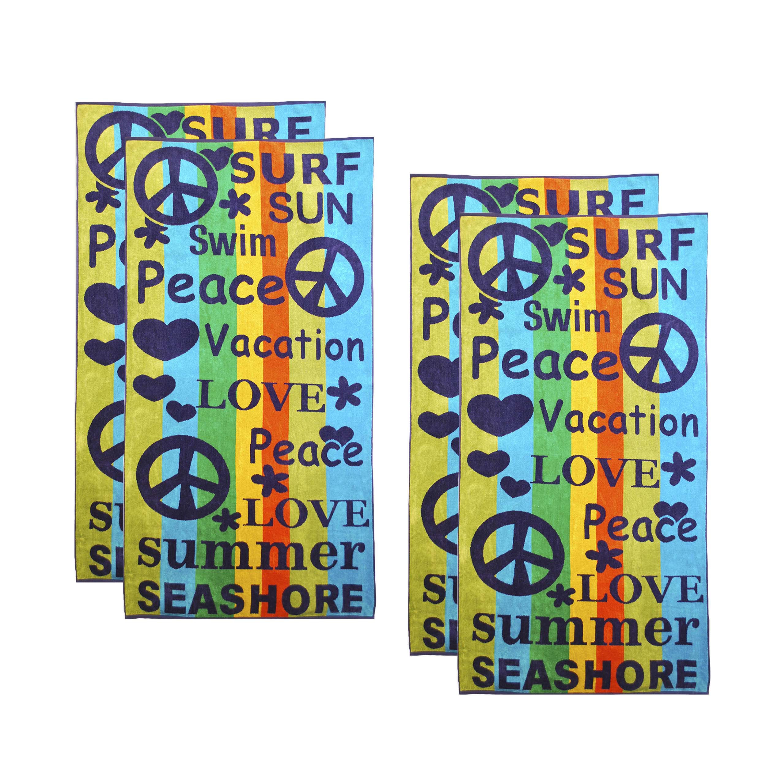 Peace Love Oversized Cotton 4-Piece Beach Towel Set - Soft, Absorbent & Quick-Drying - Perfect for Pool, Beach, Yoga & Picnics