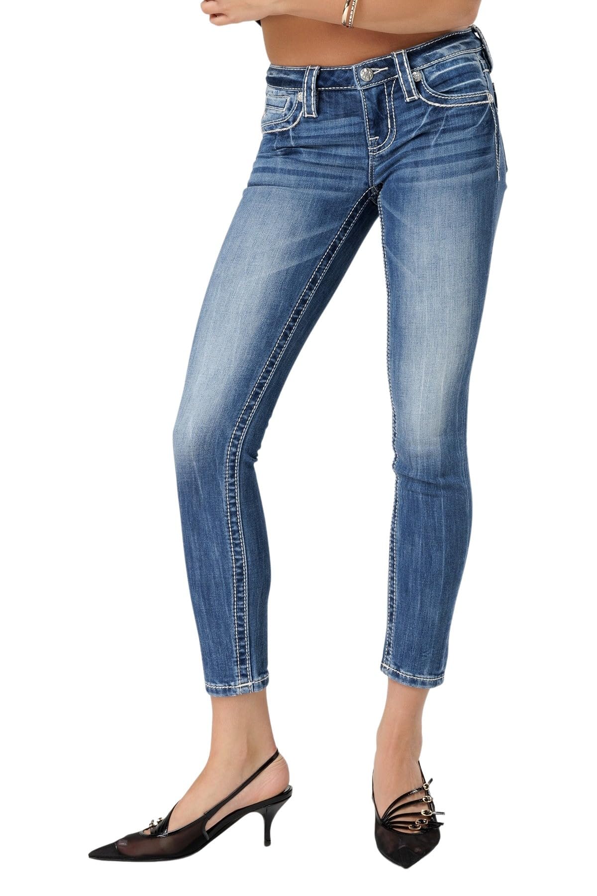 Miss Me Women's Low-Rise Skinny Jeans with Leather Shadow Wings - Stylish Distressed Denim Pants for Casual Wear & Night Out