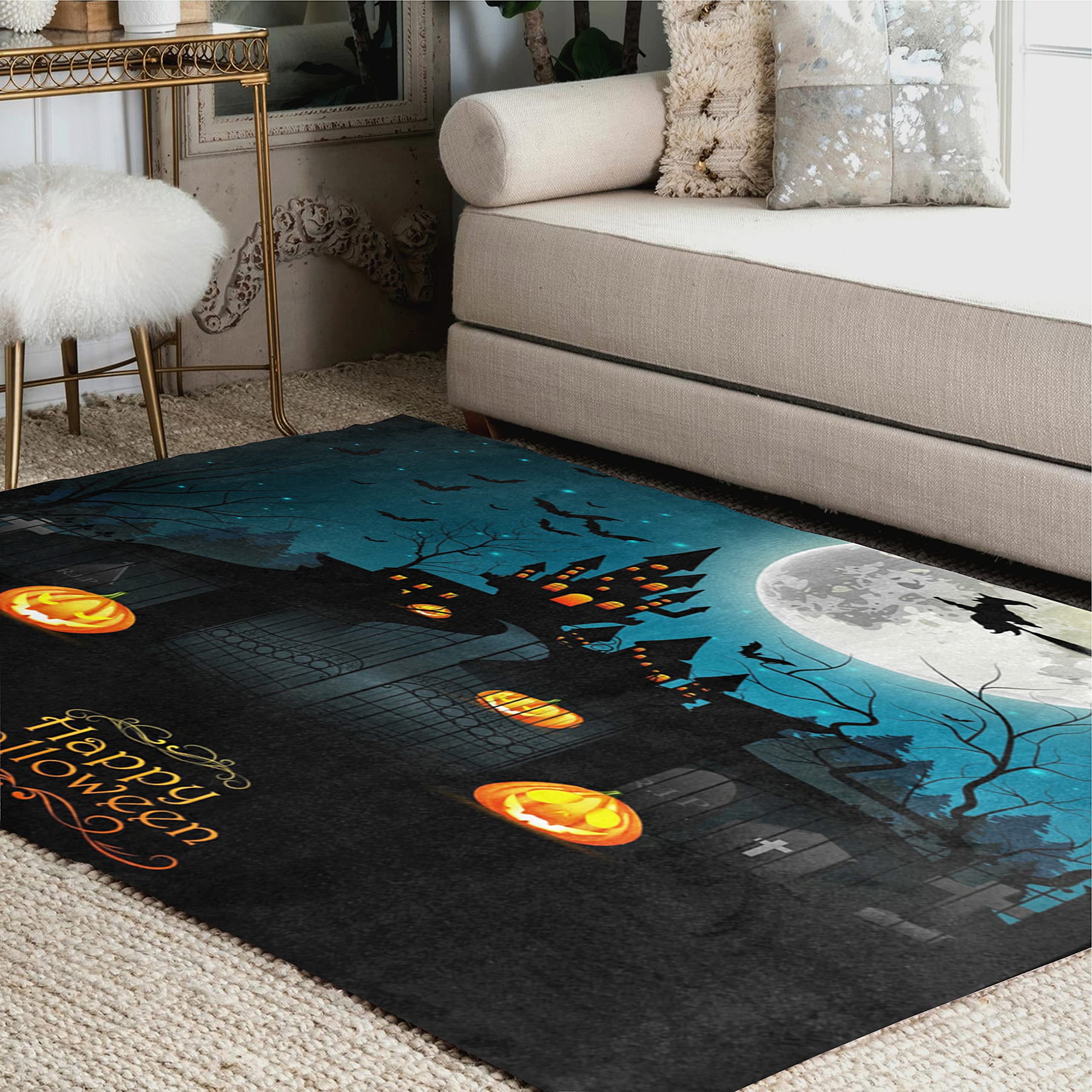 Happy Halloween Pumpkin Castle Moon Witch Tree Area Rug - 7' x 5' Halloween Decor Rug for Living Room, Bedroom, Dorm - Spooky Holiday Home Decor & Party Decoration