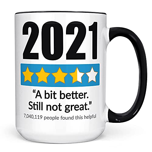 2021 Star Review Coffee Mug - Funny 'A Bit Better Still Not Great' Meme Ceramic Cup - Microwave & Dishwasher Safe - 15 oz Black Accent - Perfect for Office Humor, Gifts & Daily Coffee Breaks