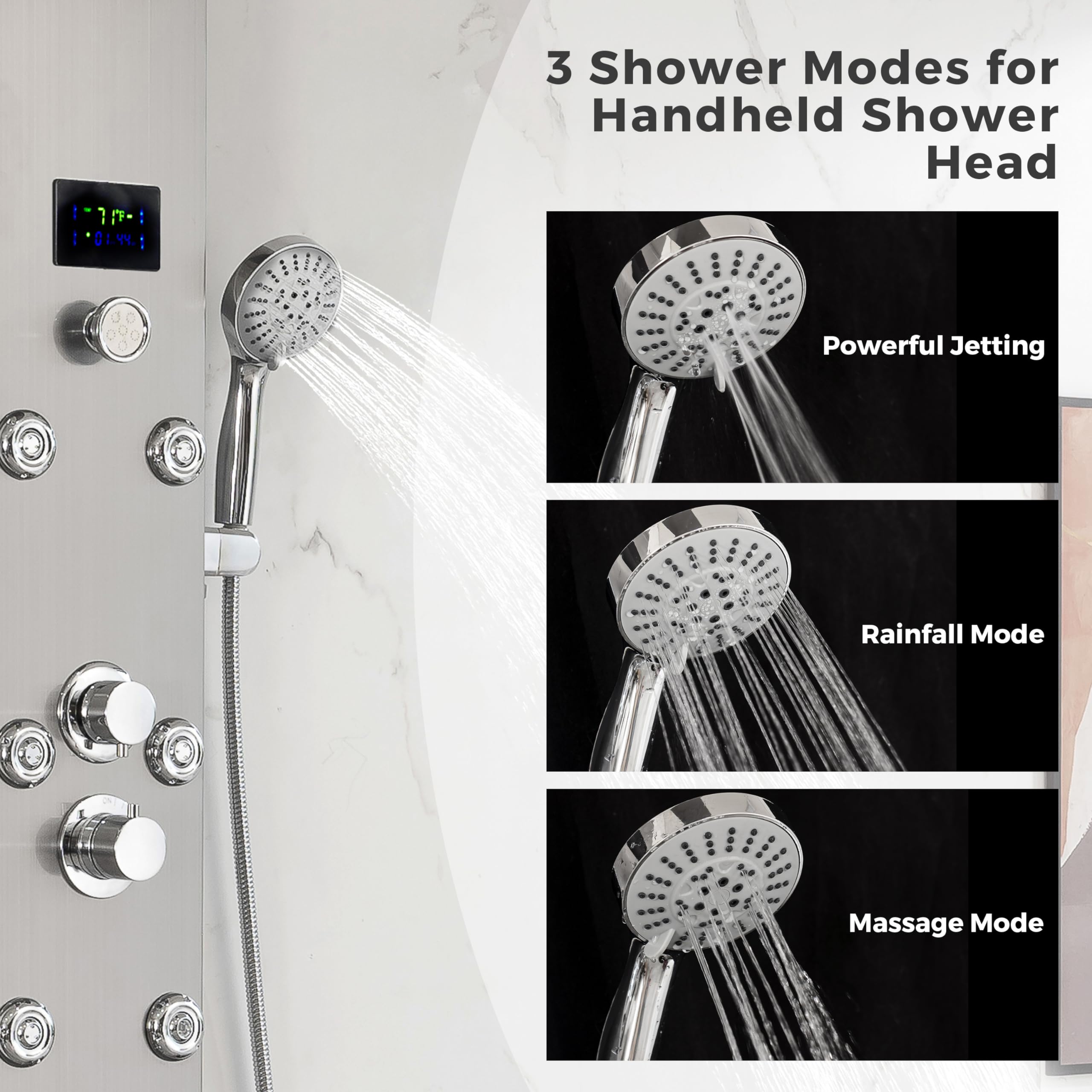 DELAVIN Stainless Steel LED Shower Panel Tower with Temperature Display - 5-Function Rainfall, Waterfall, Massage Jets, Tub Spout & Handheld Showerhead in Brushed Nickel | Perfect for Spa-Like Bathroom Upgrades & Luxury Shower Experiences