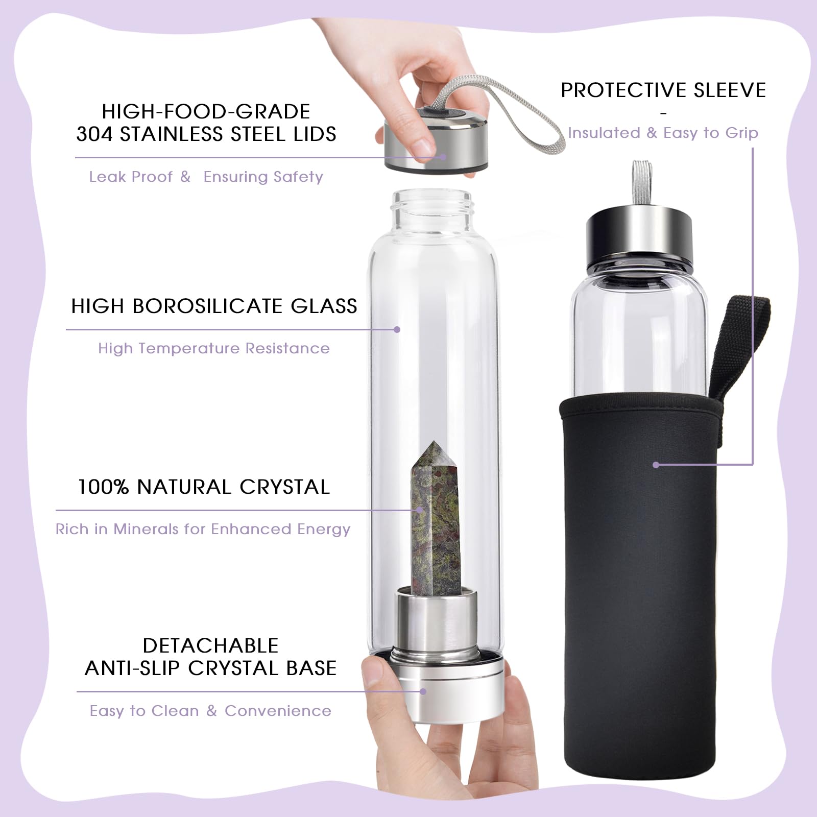 ChezMax Crystal Glass Water Bottle with Removable Natural Crystal Center - BPA Free Reusable Water Bottle with Quartz Gemstone for Home, Office, Yoga & Meditation Hydration