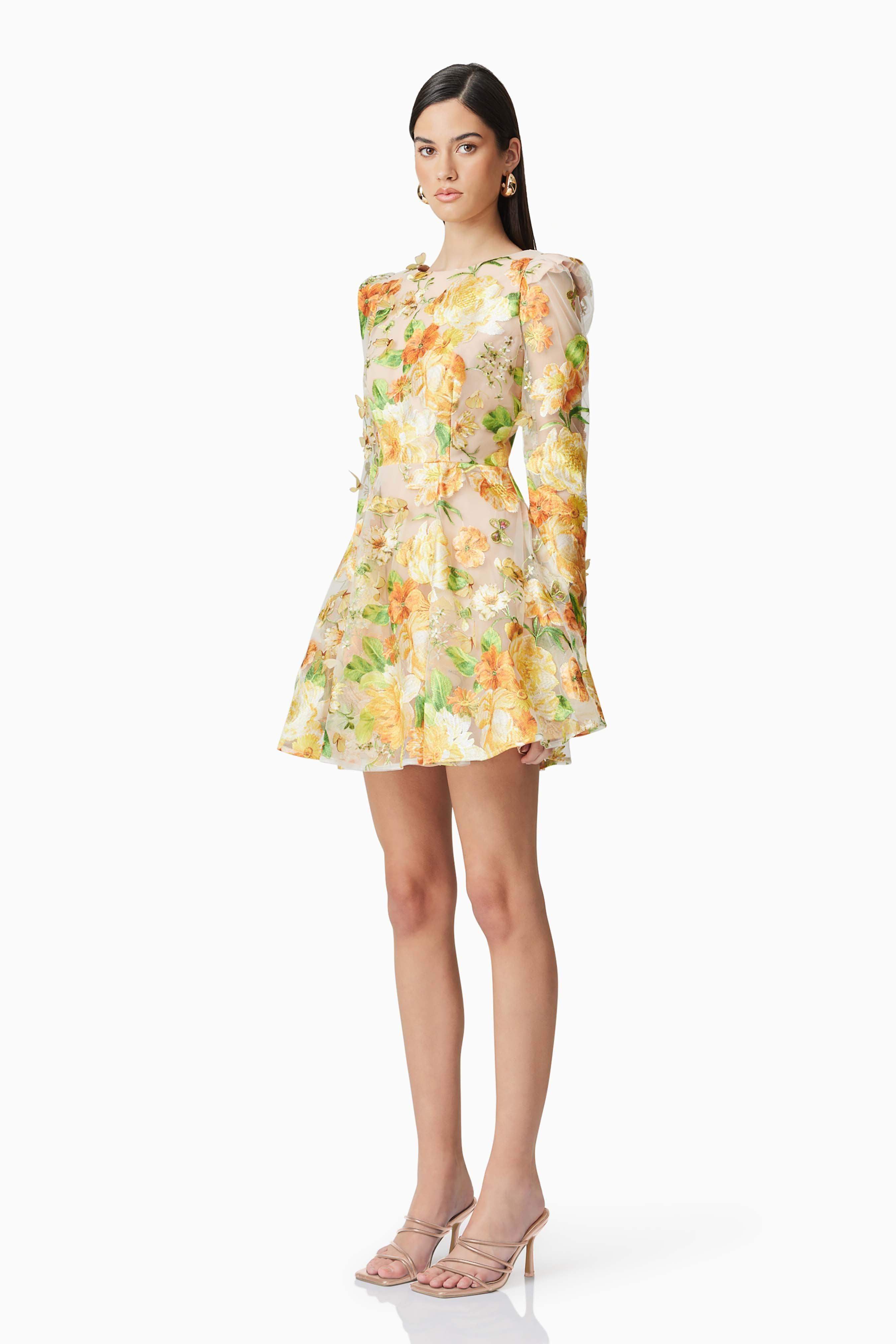 Aella Yellow Floral Embroidery A-Line Mini Dress for Women - Perfect for Summer Parties, Weddings & Casual Outings