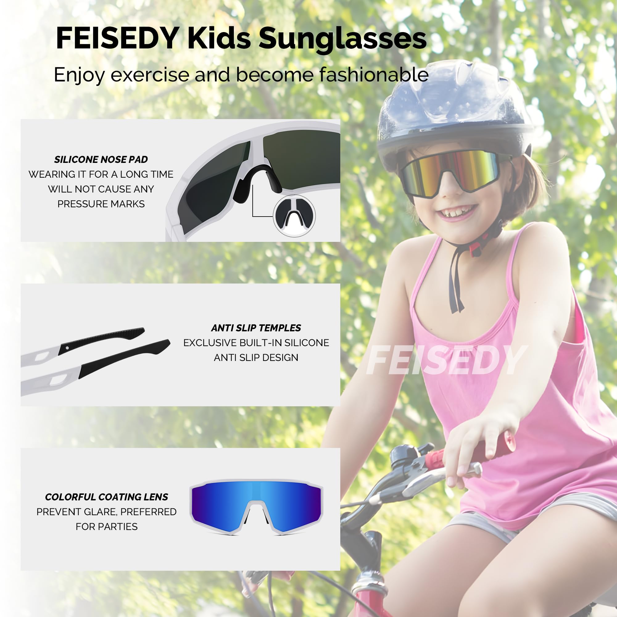 FEISEDY Kids Sunglasses for Boys & Girls - UV400 Protection Baseball Sports Sunglasses for Youth Cycling, Softball, Running - Perfect for Outdoor Activities, Beach, and Summer Play B9157