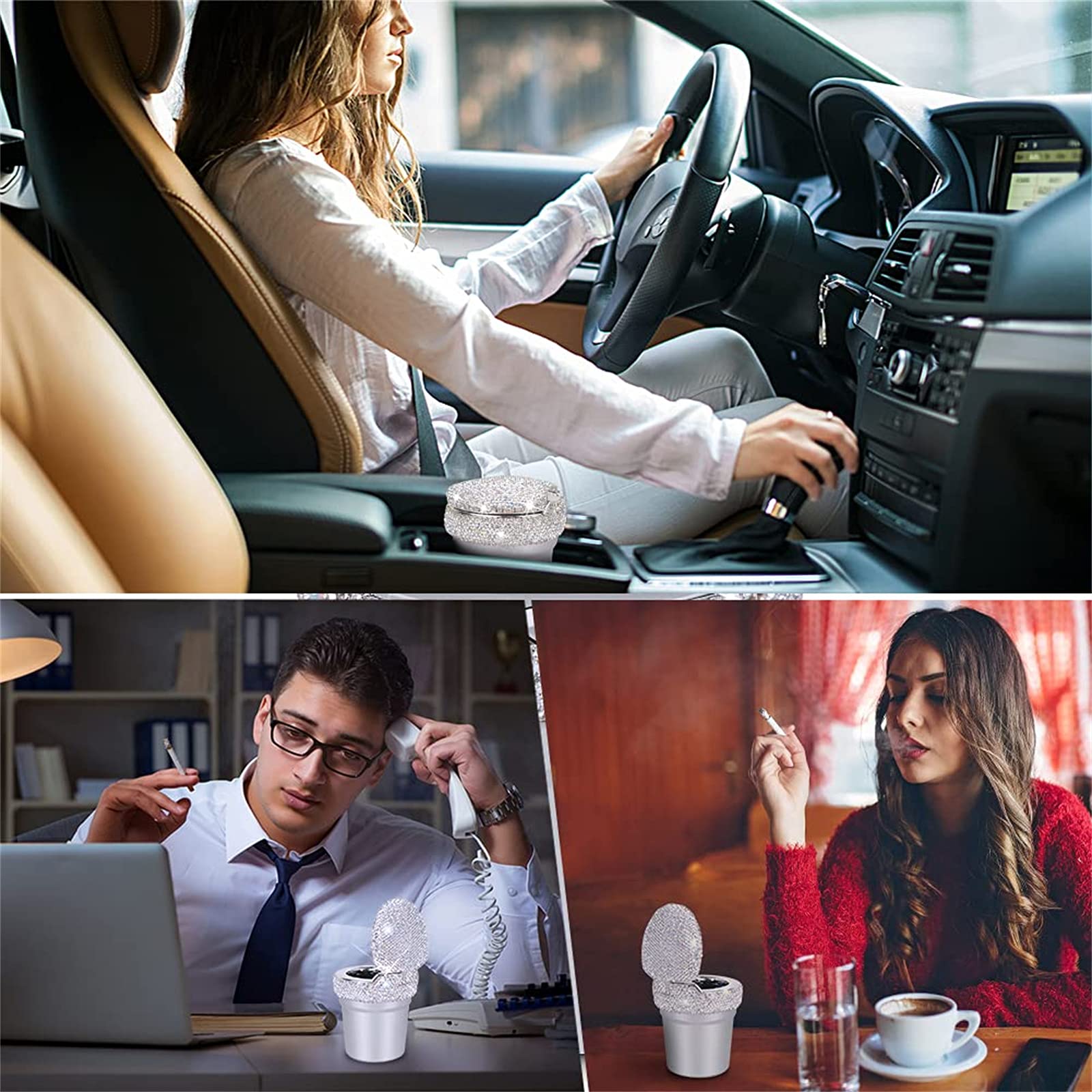 Portable Car Ashtray with Blue LED Light - Smokeless Cigarette Holder for Cup Console - Car Accessories for Women & Men - Ideal for Vehicle, Home & Office Use - Perfect for Road Trips & Indoor Smoking Areas (1-Pack, Silver)