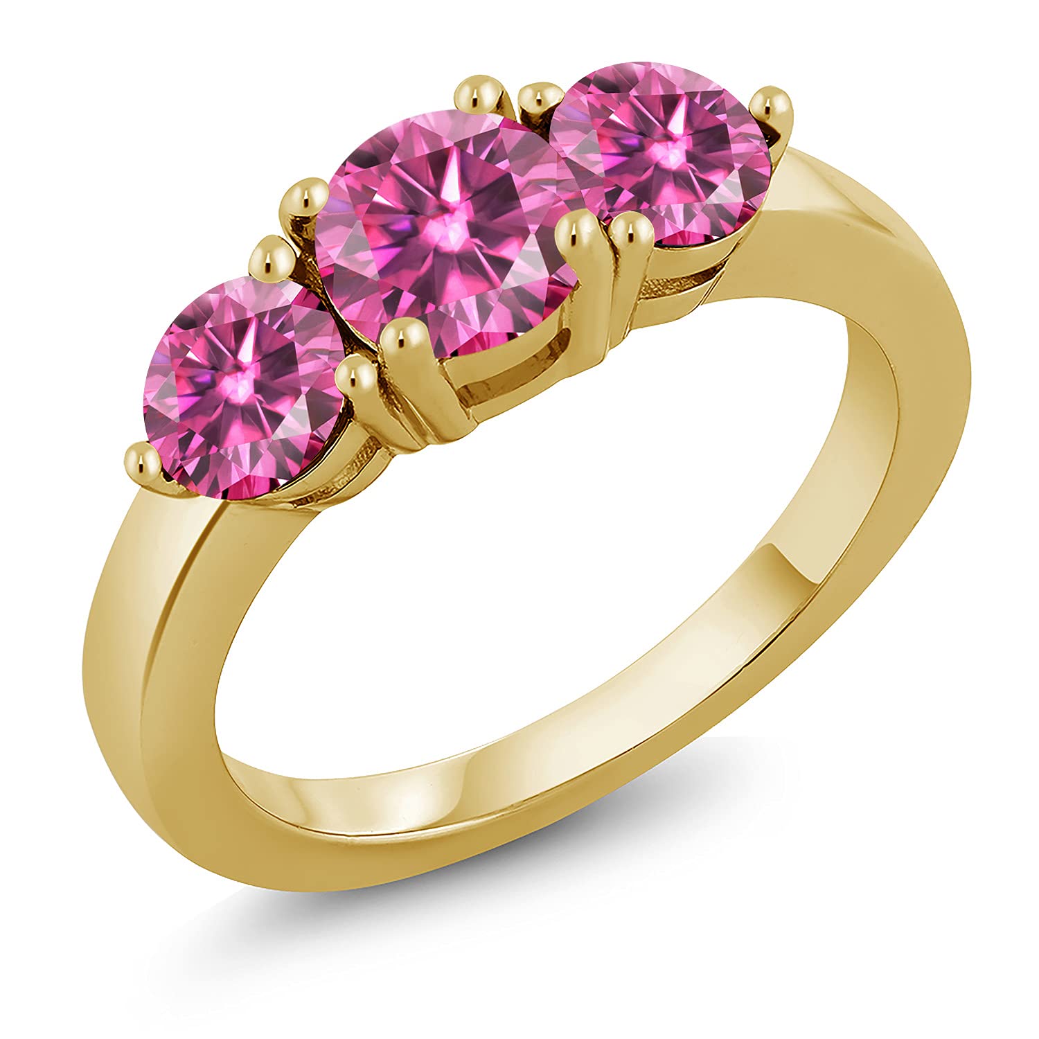 18K Yellow Gold Plated Silver 3-Stone Ring with Round Pink Moissanite & Vivid Moissanite (1.80 Cttw) - Elegant Jewelry for Engagement, Anniversary & Special Occasions | Gem Stone King