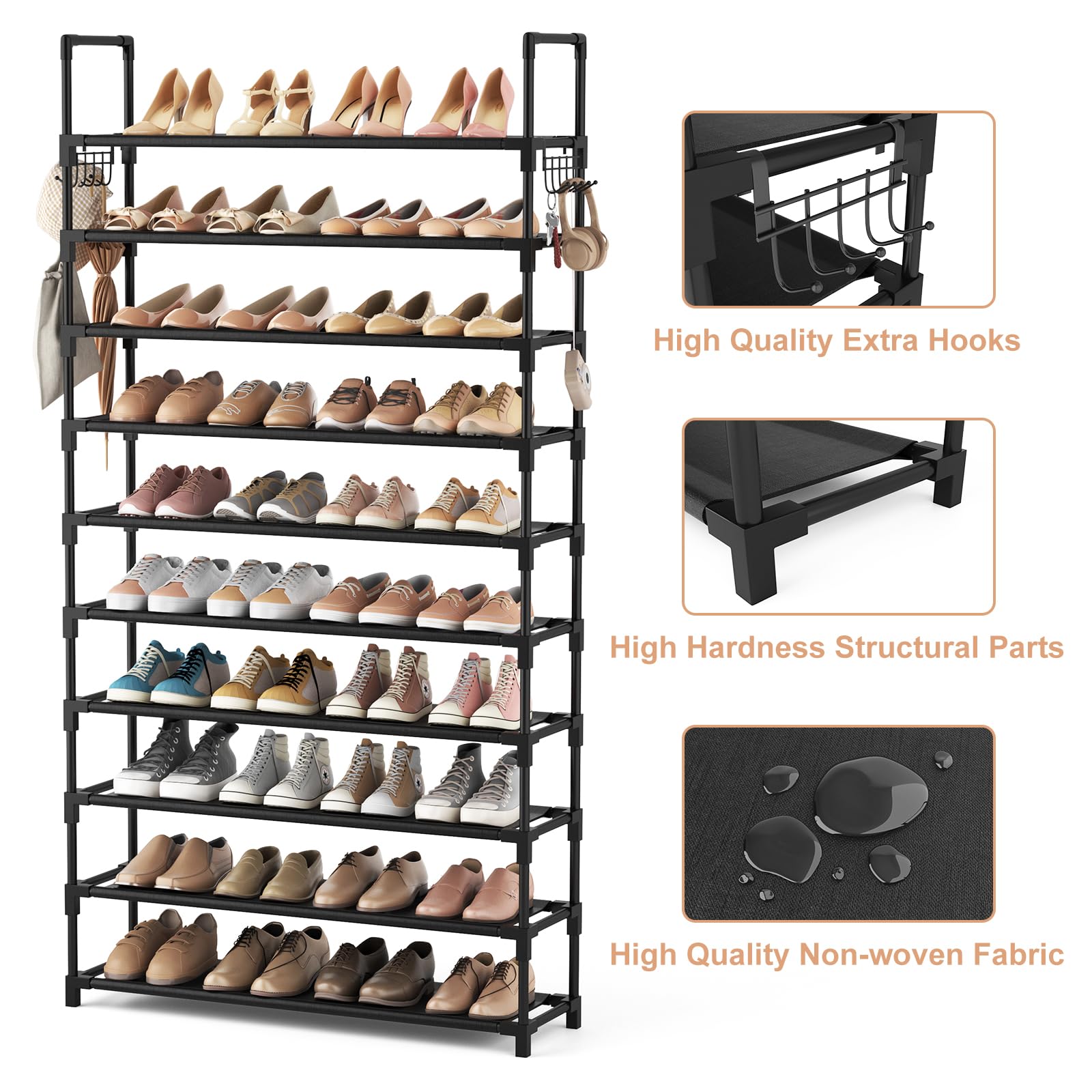 VTRIN 10-Tier Large Capacity Shoe Rack Organizer - Holds 50 Pairs with 2 Hooks - Sturdy Metal Shoe Shelf for Entryway, Closet & Bedroom - Perfect for Home, Apartment & Dorm Organization