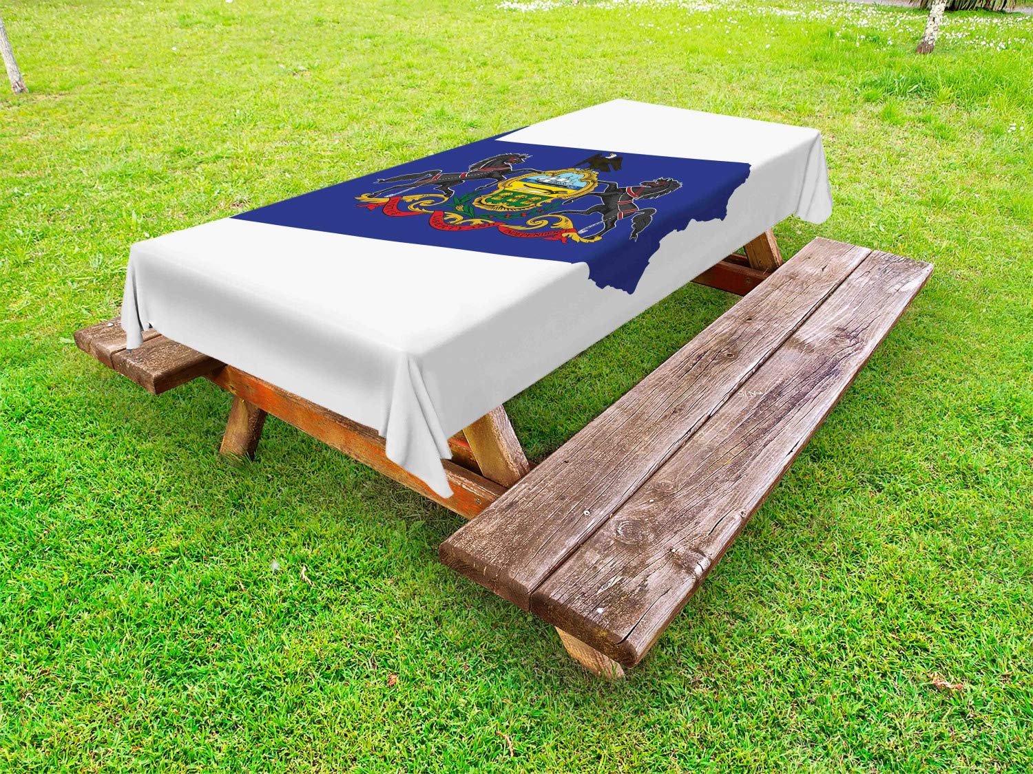 Pennsylvania State Flag & Map Outdoor Tablecloth - Keystone State Horses, American Eagle Coat of Arms - Washable Picnic Table Cover 58x104 Inches - Cobalt Blue Multicolor for BBQs, Picnics & Patriotic Events