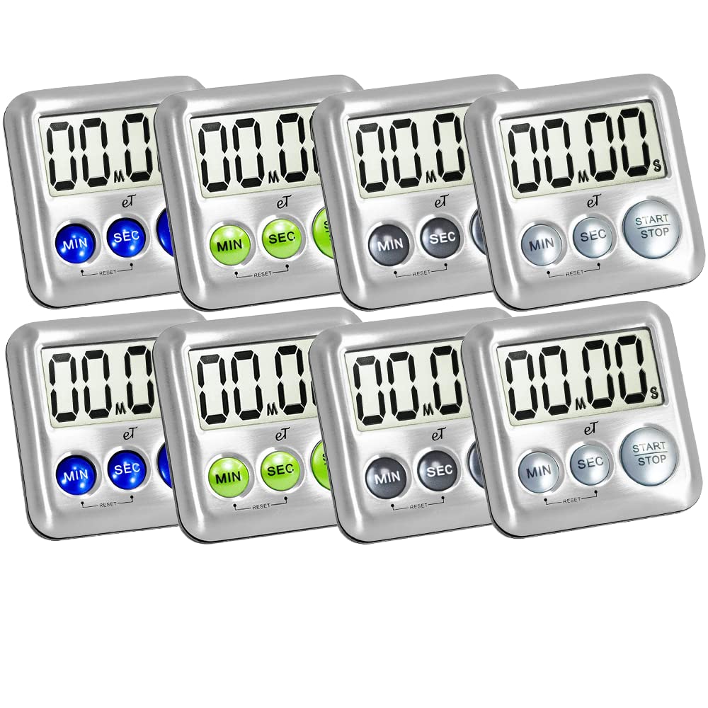 8-Pack Elegant Digital Kitchen Timer with Strong Magnet - Stainless Steel, Large Display, Loud Alarm, Auto Memory & Shut-Off (Silver/Lime/Plumberry/Charcoal) - Perfect for Cooking, Baking, Labs & Classroom Activities