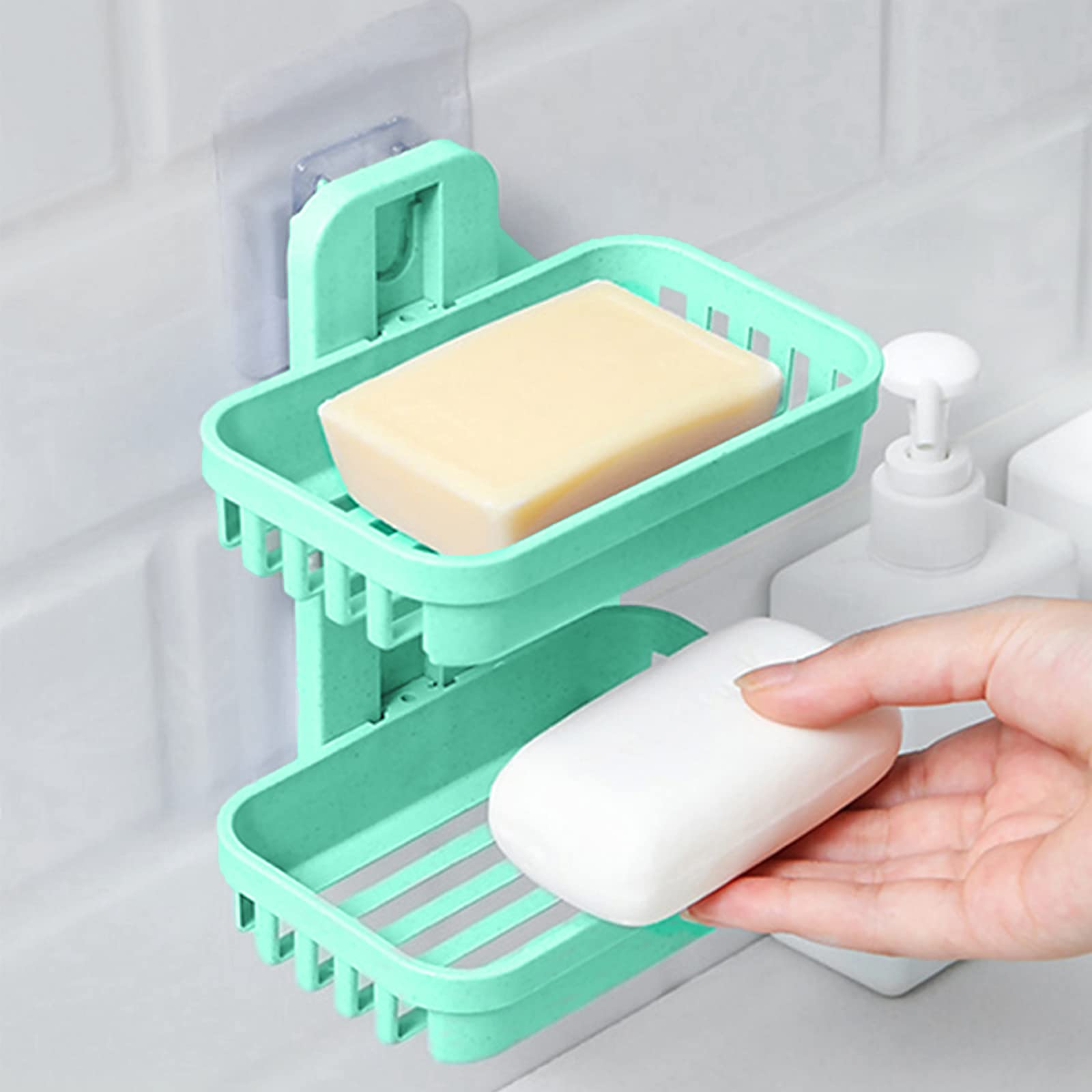 Wolpin Wall Mounted Soap Dish Holder - Double Layer Plastic Soap Stand for Bathroom & Kitchen Sink, Magic Stickers Included (1-Pack, Random Color) - Perfect for Small Spaces, RVs & Dorm Rooms