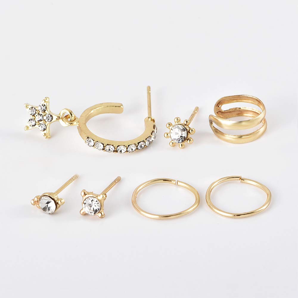 Missgrace 7-Piece Vintage Rhinestone Hoop Earrings Set - Gold Bohemian Star Stud Earrings for Women, Perfect for Parties, Date Nights & Boho Fashion Outfits