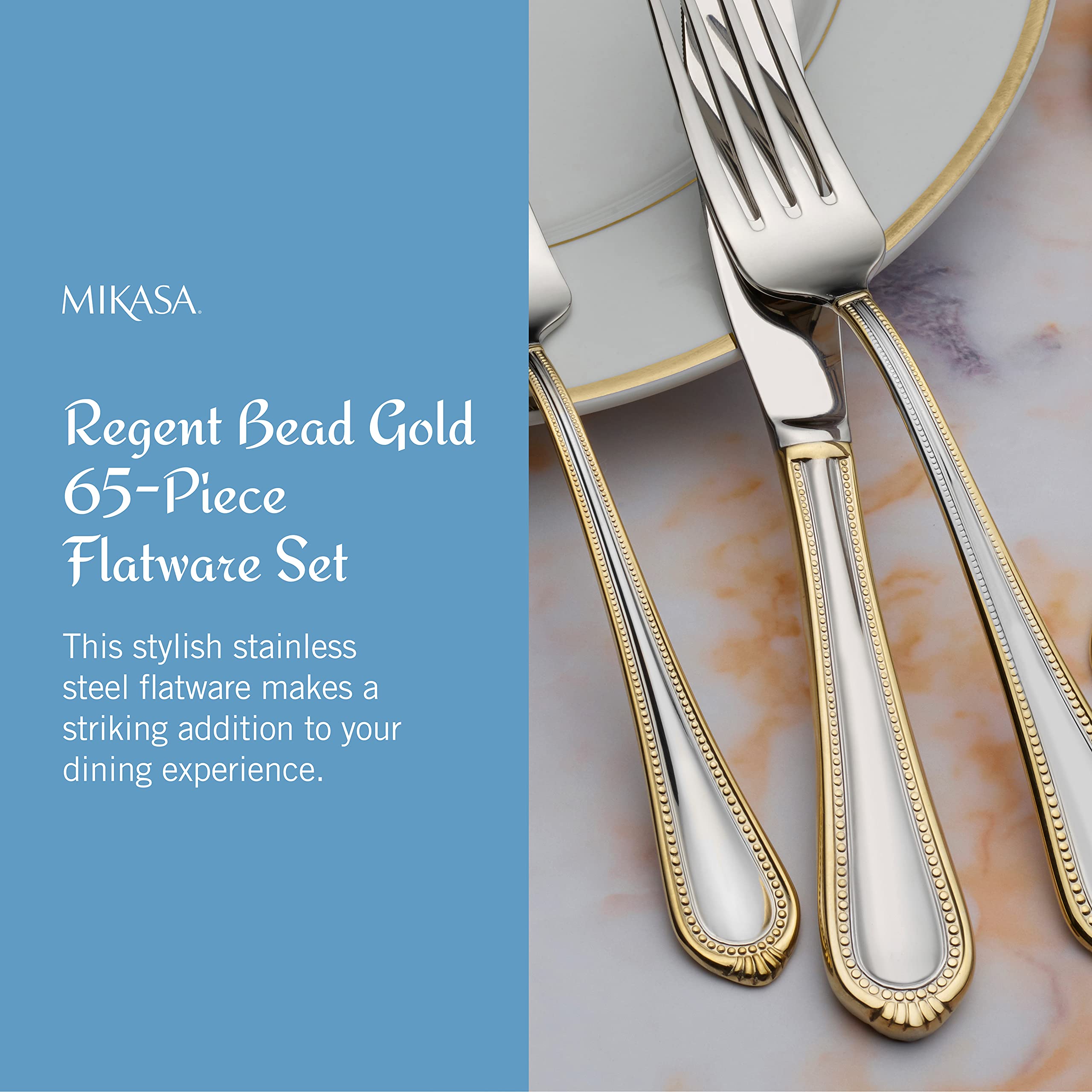 Mikasa 65-Piece 18/10 Stainless Steel Flatware Set with Gold Accent - Service for 12 Includes Serving Utensils - Elegant Dinnerware for Formal Dining, Weddings & Special Occasions