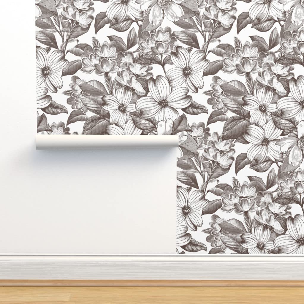 Removable Wallpaper Swatch - Dogwood Flowers Neutral Garden Monochrome Botanical Nursery French Custom Pre-Pasted Wallpaper by Spoonflower | Perfect for Home Decor, Nursery, Bedroom & Office Accent Walls