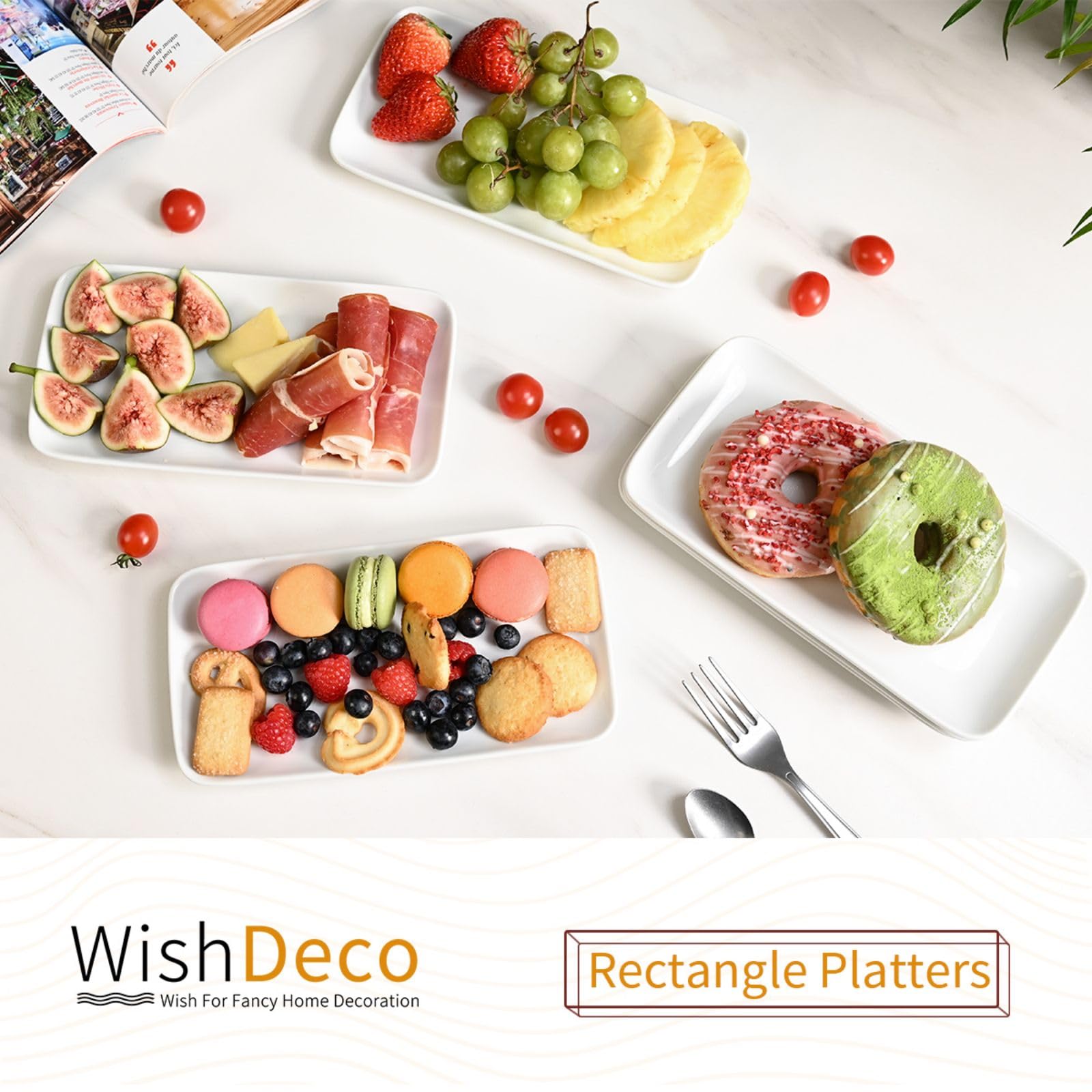 6-Piece White Ceramic Rectangle Serving Platter Set - 9 Inch (23cm) Small Dinner Plates for Desserts, Sushi, Appetizers & Party Side Dishes - Perfect for Entertaining, Buffets & Home Dining