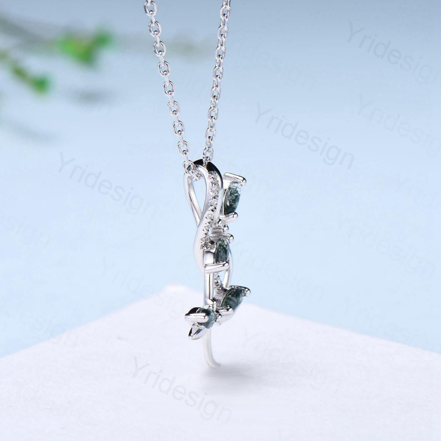 Nature Inspired Moss Agate Necklace - Unique Marquise Green Agate Pendant with Dragonfly Charm | Elegant Women's Jewelry for Anniversary Gifts, Birthday Presents & Special Occasions | Perfect for Weddings, Date Nights & Everyday Wear