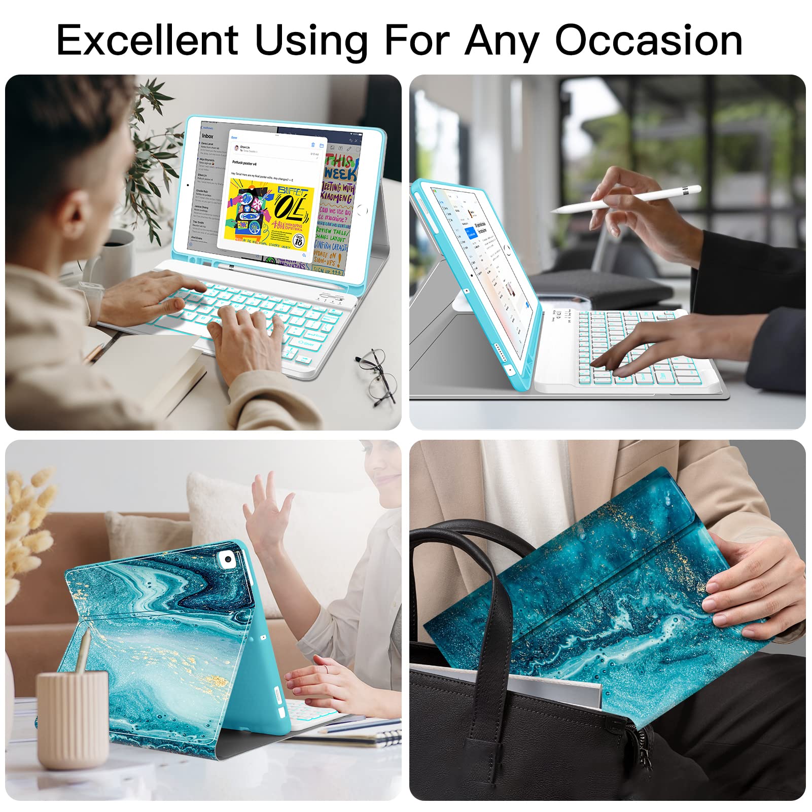 Backlit Wireless Detachable Keyboard Case for iPad 10.2 (9th/8th/7th Gen) & iPad Air 10.5 (3rd Gen) & iPad Pro 10.5 - Ultra Thin Smart Folio Stand Cover with LED Backlight (Blue) | Perfect for Typing, Work, Study & Travel