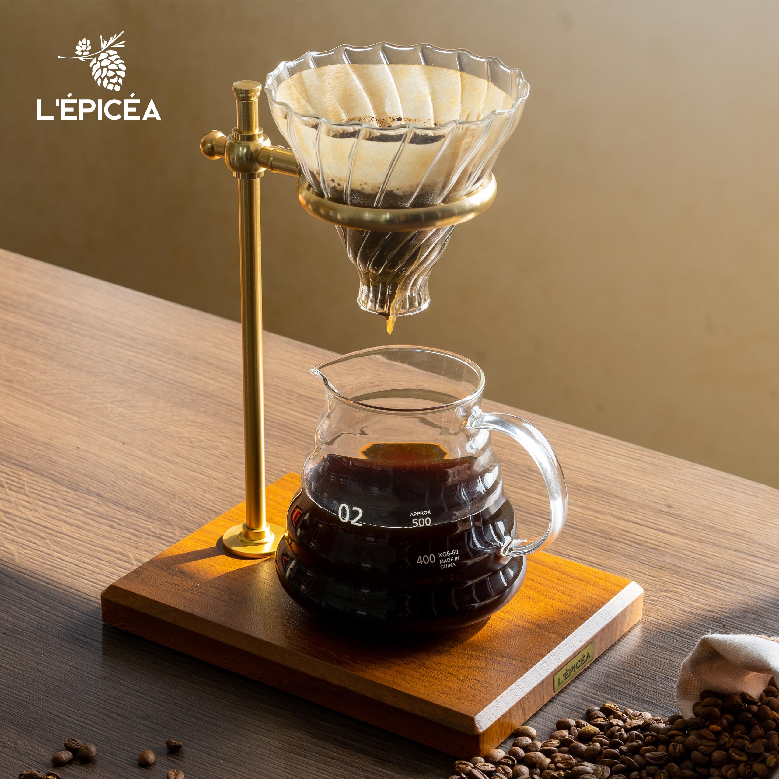 Premium Pour Over Coffee Maker Set - Adjustable Stainless Steel Stand with Wooden Base, Glass Carafe & Paper Filters - Ideal for Home Brewing, Office Use & Specialty Coffee Lovers