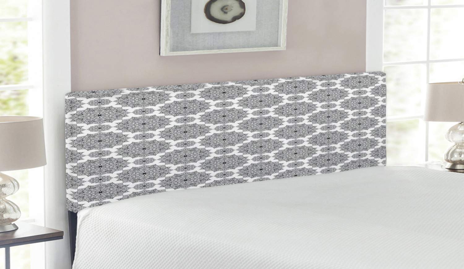Ambesonne Mandala Upholstered Headboard - Queen Size Black & White Abstract Floral Design with Memory Foam | Decorative Metal Bed Frame for Modern Bedroom, Guest Room & Meditation Space