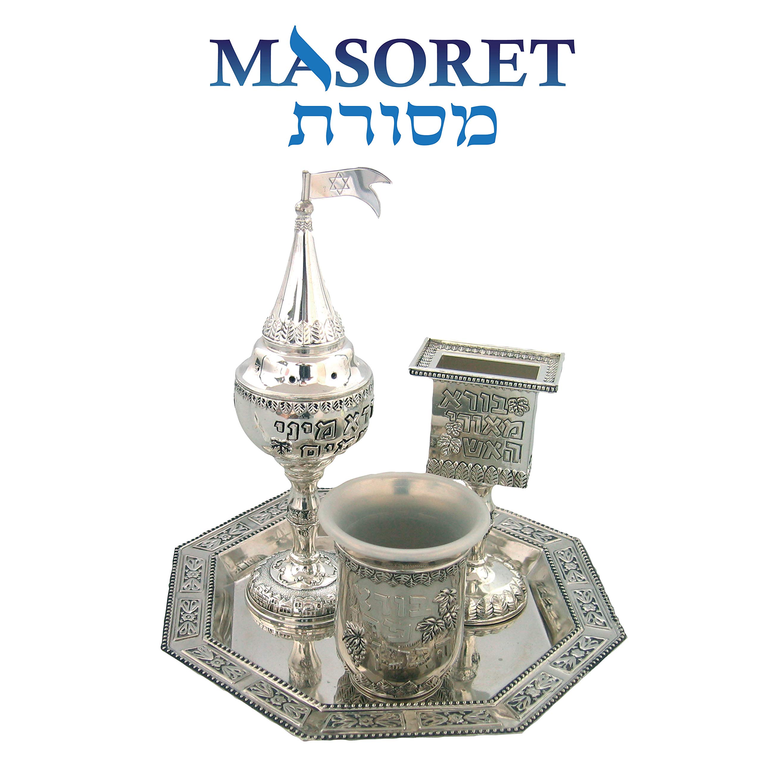 Jerusalem Themed Nickel Havdalah Set - 4 Piece Jewish Ceremony Kit with Kiddush Cup, Candle Holder, Spice Box & Tray | Perfect for Shabbat, Havdalah & Jewish Holiday Celebrations