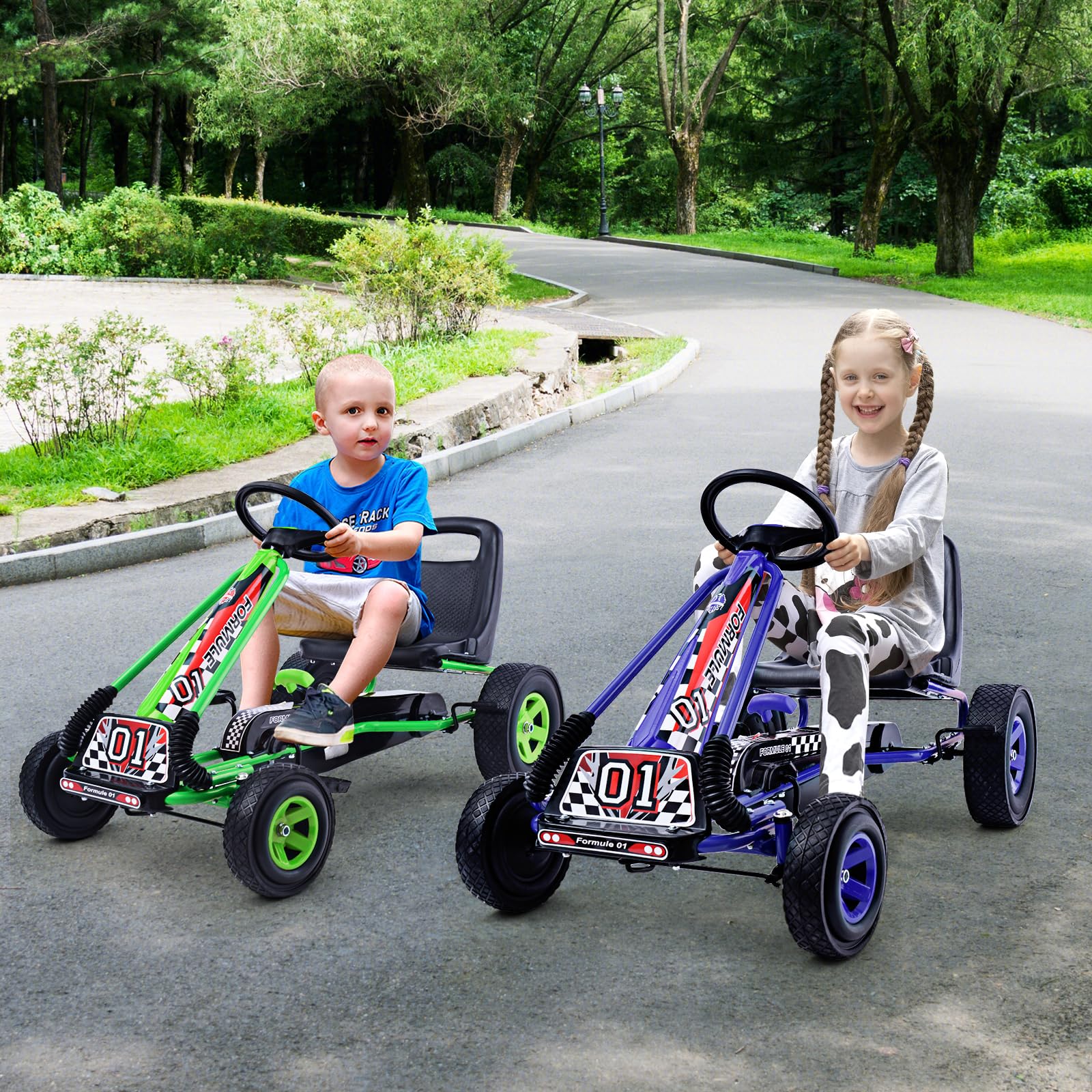 **HONEY JOY Kids Go Kart - Adjustable Seat, Safety Brakes & EVA Tires - Green Pedal-Powered Ride-On Car for Outdoor Play and Backyard Fun**