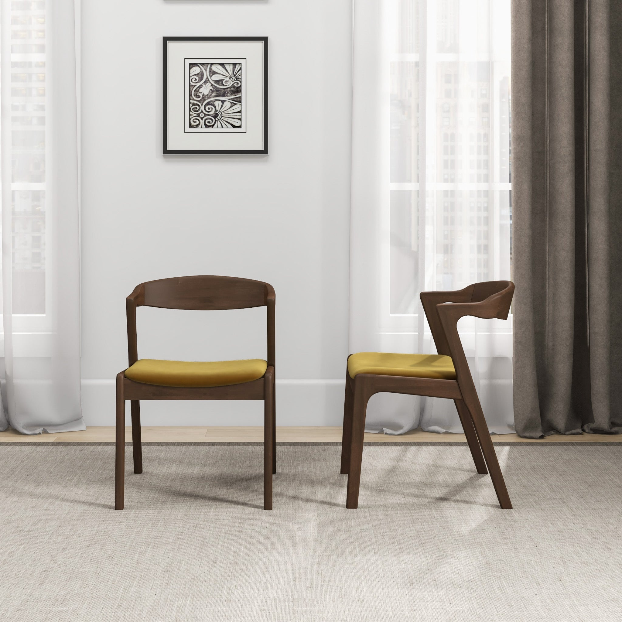 Premium Dakota Dark Yellow Velvet Dining Chairs (Set of 2) - Modern Upholstered Kitchen Chairs for Dining Room, Breakfast Nook, and Home Decor