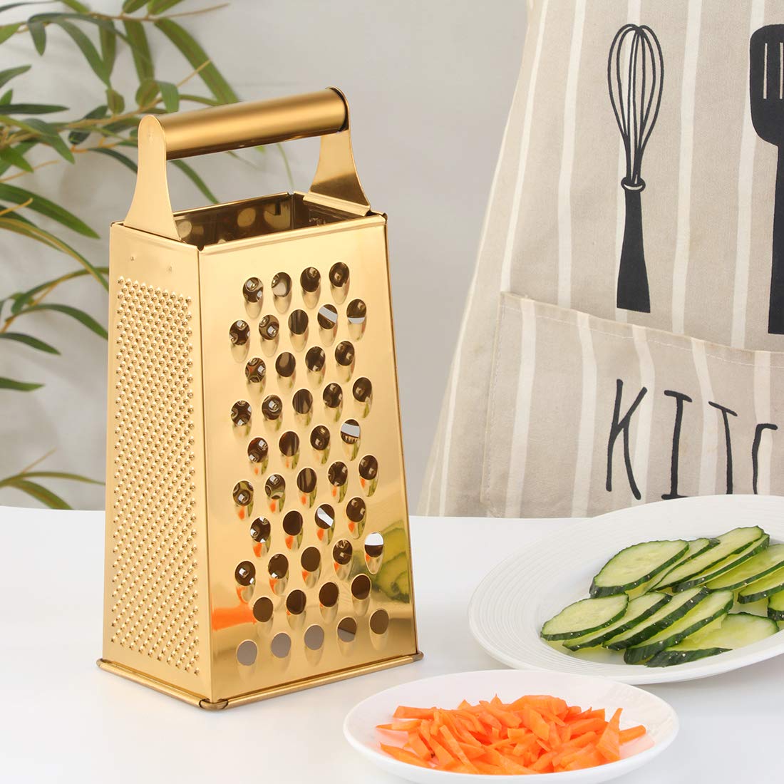 QOBIMOON 4-Sided Stainless Steel Box Grater - 9.2 Inch Large Cheese Grater & Vegetable Slicer for Parmesan, Fruits, Ginger - Gold | Perfect for Kitchen, Salad Prep & Cooking Enthusiasts