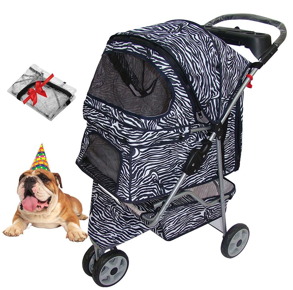 KLLKR 3-Wheel Folding Pet Stroller for Cats & Dogs - Lightweight Jogger Carrier with Storage Basket, Cup Holder & Rain Cover - Perfect for Travel, Shopping & Outdoor Adventures