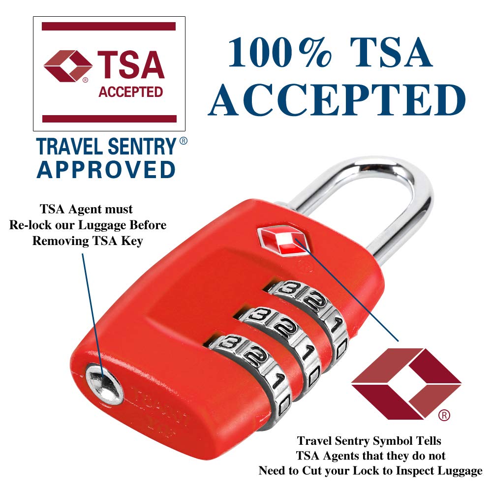 TSA Approved 4-Pack Combination Luggage Locks - 3 Digit Secure Travel Padlocks for Suitcases, Backpacks & Carry-On Bags (Red) - Ideal for Airports, Hotels & Cruise Travel Security