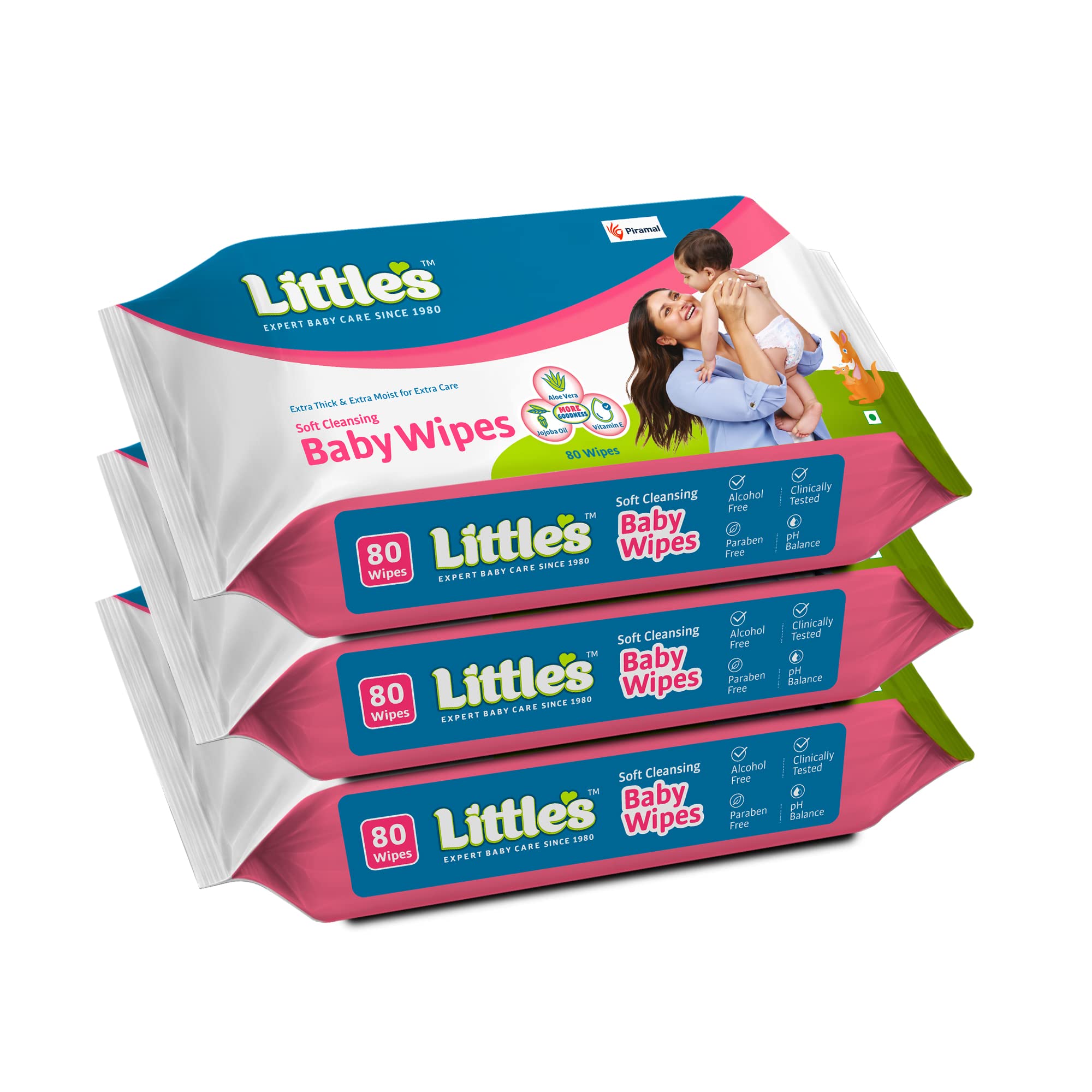 Little's Soft Cleansing Baby Wipes | 240 Count (3 Packs of 80) | Extra Thick & Moist Hypoallergenic Wipes for Sensitive Skin | Enriched with Aloe Vera, Vitamin E & Jojoba Oil to Prevent Diaper Rash | Perfect for Diaper Changes, On-the-Go Cleansing & Baby Care Essentials