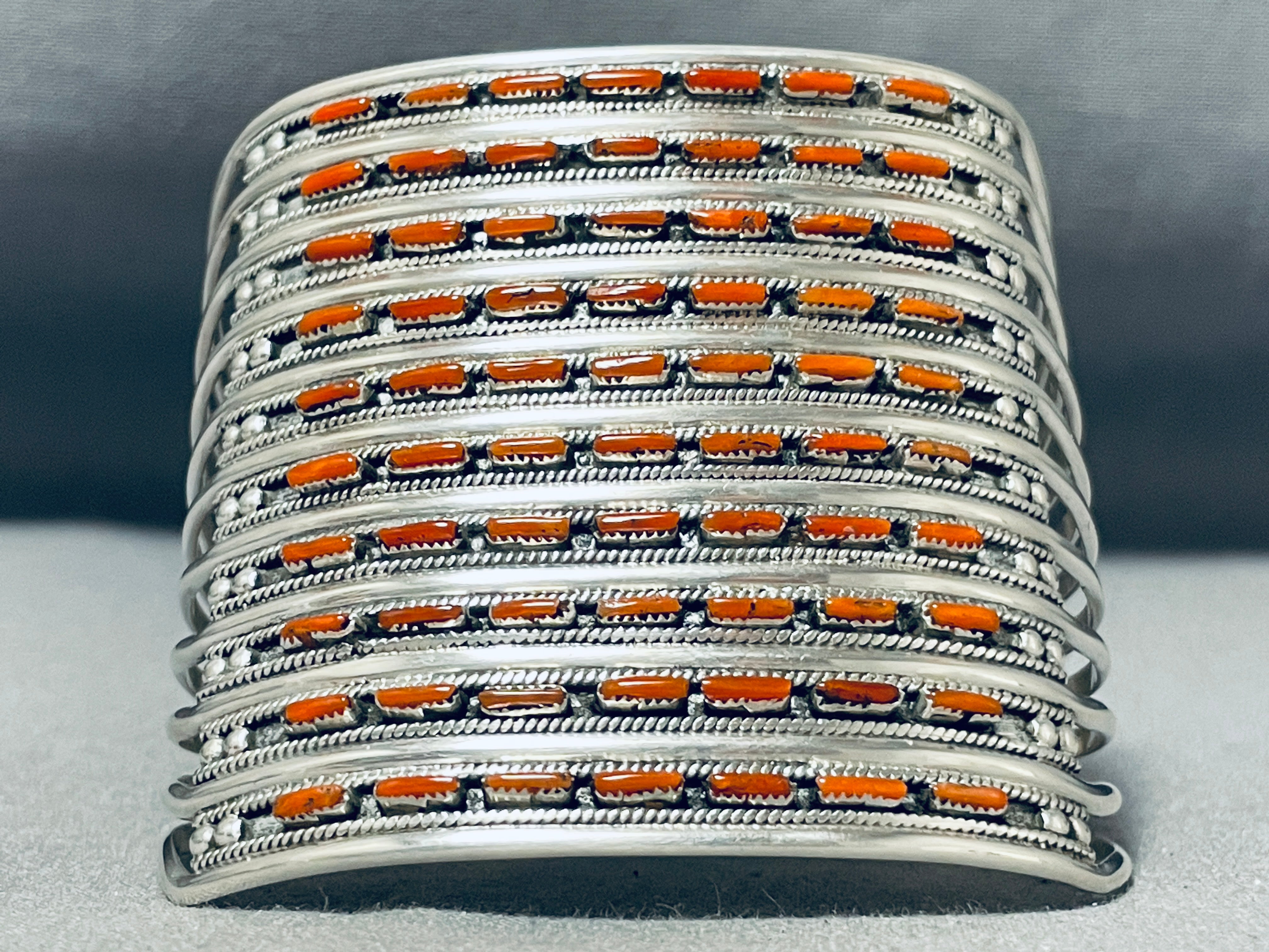 10 Story Tall Native American Coral Sterling Silver Cuff Bracelet - Handmade Southwest Jewelry for Women, Boho Fashion Accessory, Perfect for Festivals & Special Occasions