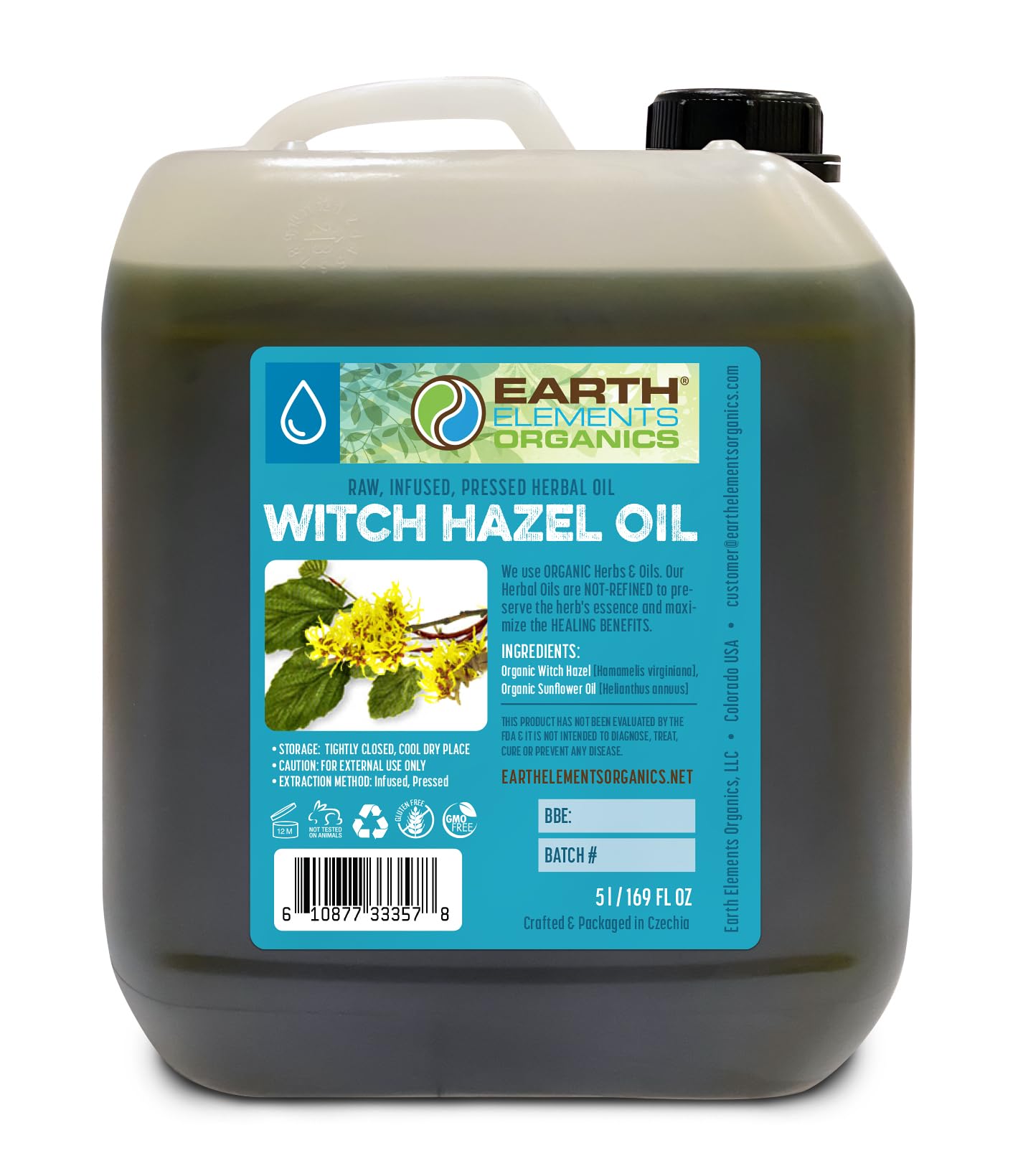 Organic Witch Hazel Oil - Raw, Infused & Pressed Herbal Oil with Sunflower Seed Oil | Natural Skin Moisturizer & Organic Skincare | 169 fl.oz | Perfect for Facial Care, Acne Treatment & Soothing Irritated Skin