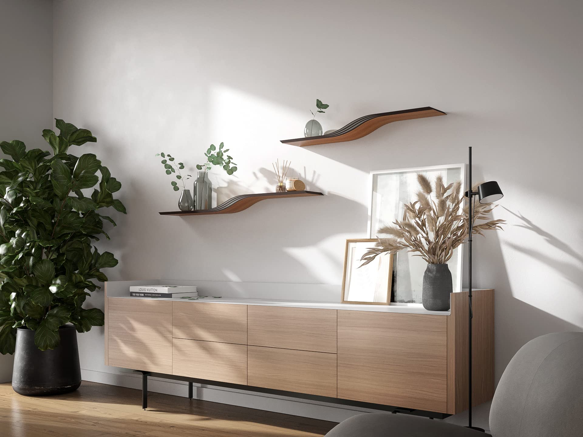 EWART WOODS 48 Inch Floating Wall Shelf - Natural Walnut Wood Hanging Bookshelf with Unique Curved Design for Living Room, Office, Bedroom - Perfect for Displaying Books, Decor & Plants