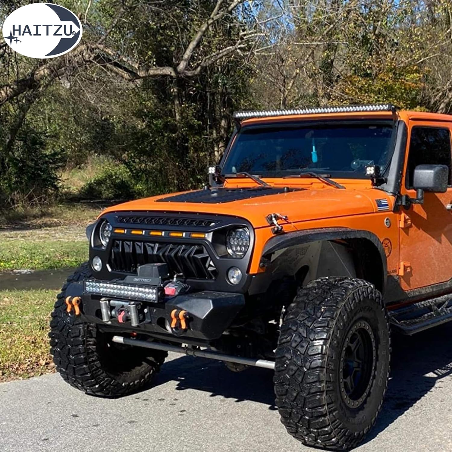 Jeep Wrangler JK Grille Guard (2007-2018) - Matte Black Shark Grille with 5 Amber LED Lights | Compatible with Unlimited, Rubicon & Sahara Models | Off-Road Protection & Style Upgrade for Adventure Enthusiasts