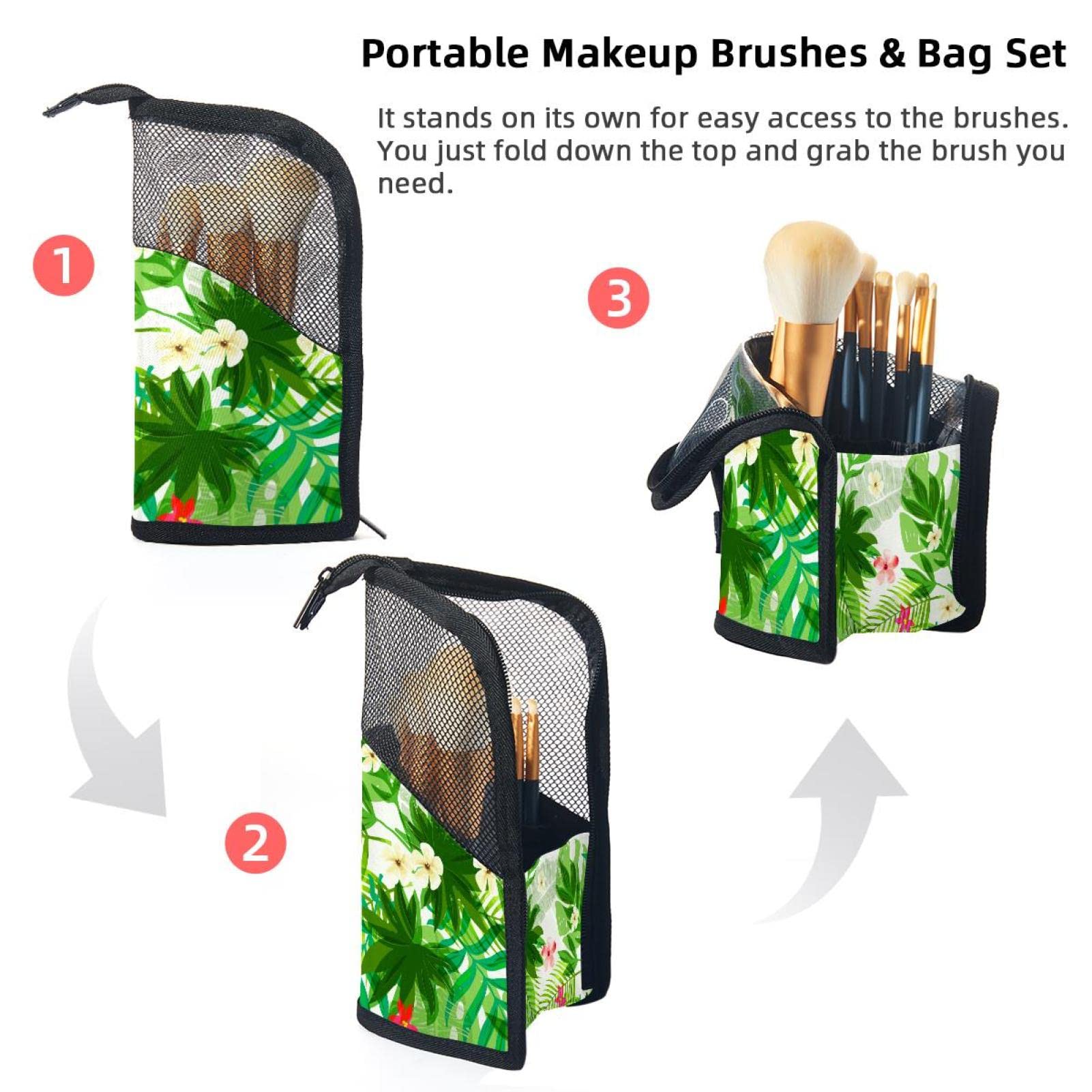 Portable Makeup Brush Organizer Bag with 12 Slots - Tropical Leaves & Flowers Design - Travel Cosmetic Brush Holder Case for Home, Travel, and Professional Makeup Artists