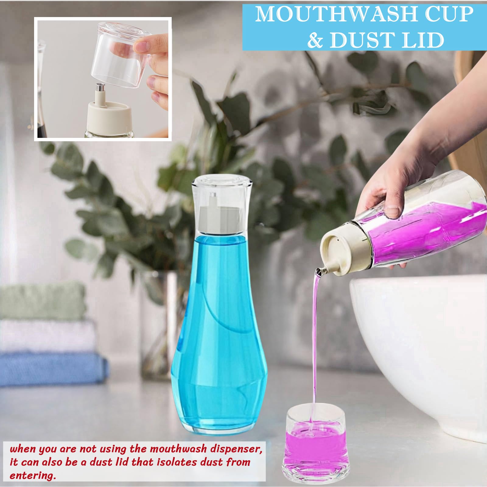 1 Pack 8.8oz Clear Glass Mouthwash Dispenser with Lid Cup - Refillable Bathroom Mouth Wash Container Bottle for Countertop, Vanity & Travel - Includes 4 Pcs Labels (Perfect for Home, Hotel & Office Use)
